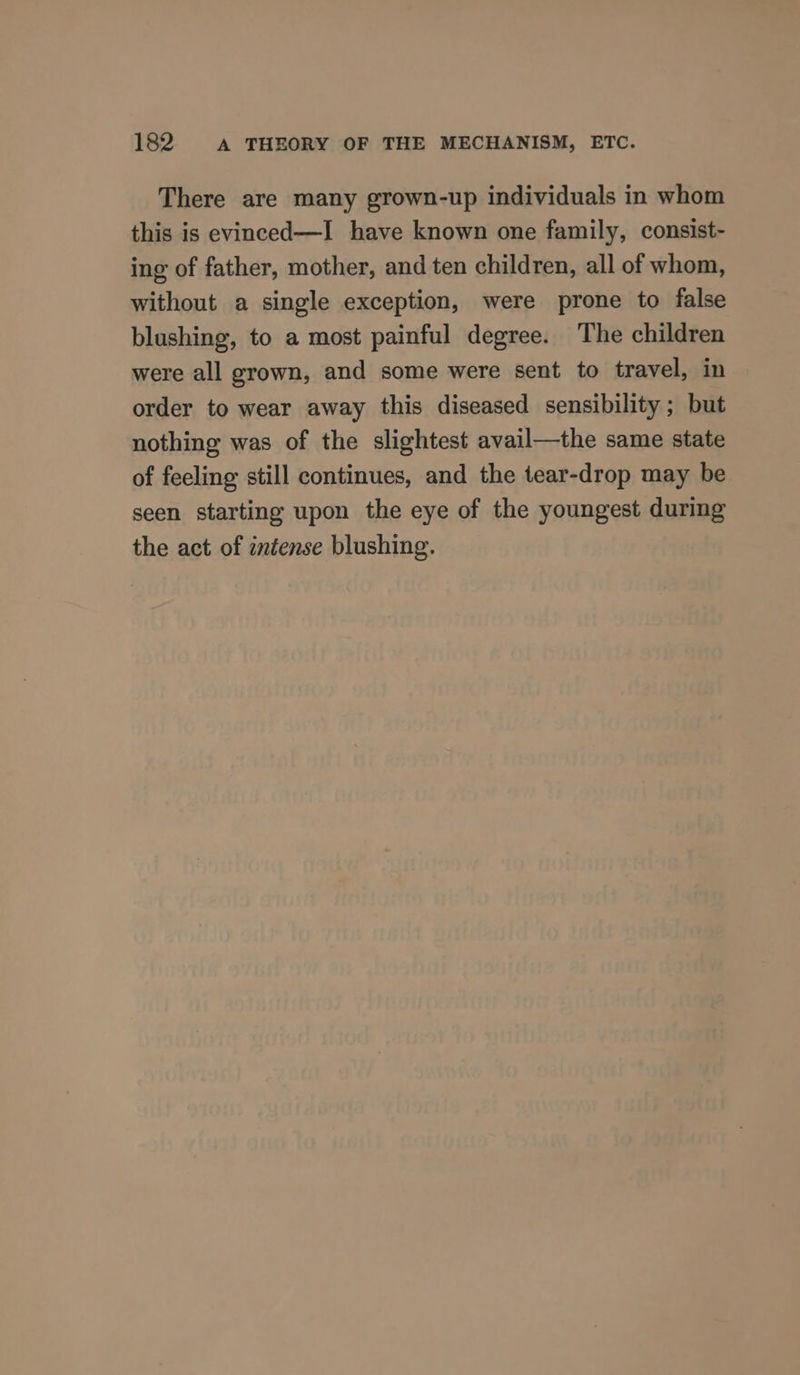 There are many grown-up individuals in whom this is evinced—I have known one family, consist- ing of father, mother, and ten children, all of whom, without a single exception, were prone to false blushing, to a most painful degree. The children were all grown, and some were sent to travel, in order to wear away this diseased sensibility; but nothing was of the slightest avail—the same state of feeling still continues, and the tear-drop may be seen starting upon the eye of the youngest during the act of intense blushing.
