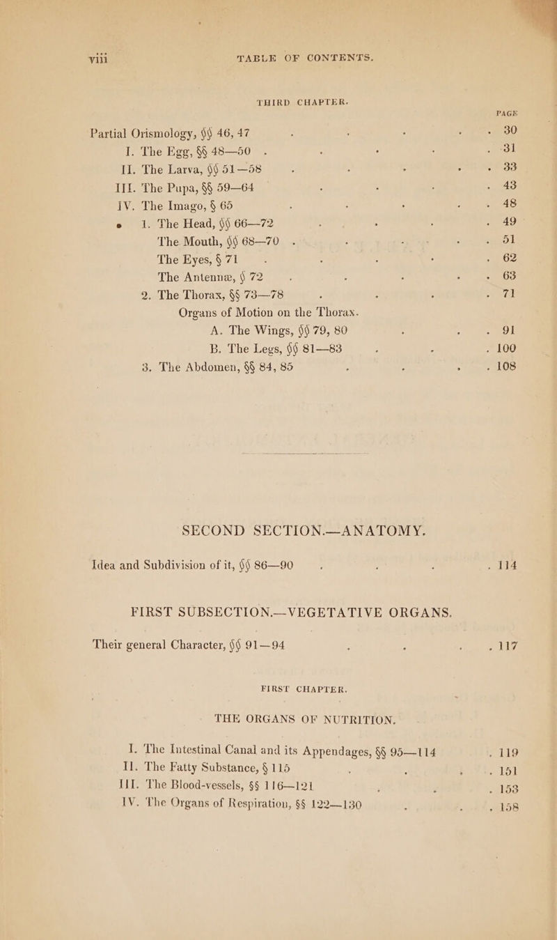 THIRD CHAPTER. PAGE Partial Orismology, §) 46, 47 : - 30 I. The Egg, 8 45—50 . ; . . dl II. The Larva, §§ 51—58 ; : TEST III. The Pupa, §§ 59—64 . 5 . 43 IV. The Imago, § 65 ; . : . 48 oe 1. The Head, §} 66—72 : ; 2493 The Mouth, $$ 68—70 . , Kar : Ol The Eyes, § 71 ; ! . . 62 The Antenne, ) 72 s : ; . 63 2. The Thorax, §§ 73—78 : ; ; A: Organs of Motion on the Thorax. A. The Wings, $$ 79, 80 A : eo B. The Legs, §§ 81—83 ; : . 100 3. The Abdomen, 88 84, 85 } : ; . 108 SECOND SECTION.—ANATOMY. Idea and Subdivision of it, 00 86—90 . ; . 114 FIRST SUBSECTION.—VEGETATIVE ORGANS, Their general Character, $$ 91—94 A 2119 FIRST CHAPTER. THE ORGANS OF NUTRITION. 1. The Intestinal Canal and its Appendages, §§ 95—114 . 119 Il. The Fatty Substance, § 115 : : lat III. The Blood-vessels, §§ 116—121 : ; 453 IV. The Organs of Respiration, §§ 122—130 : 3 . 158