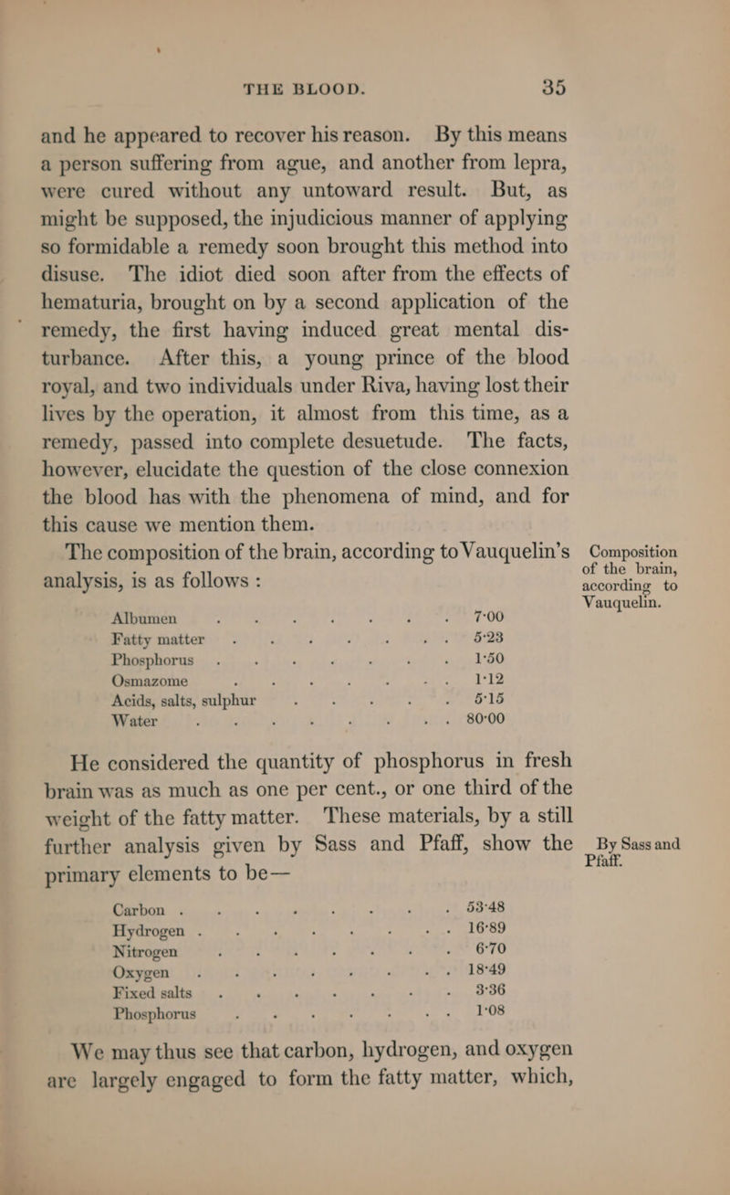 and he appeared to recover hisreason. By this means a person suffering from ague, and another from lepra, were cured without any untoward result. But, as might be supposed, the injudicious manner of applying so formidable a remedy soon brought this method into disuse. The idiot died soon after from the effects of hematuria, brought on by a second application of the remedy, the first having induced great mental dis- turbance. After this, a young prince of the blood royal, and two individuals under Riva, having lost their lives by the operation, it almost from this time, as a remedy, passed into complete desuetude. The facts, however, elucidate the question of the close connexion the blood has with the phenomena of mind, and for this cause we mention them. The composition of the brain, according to Vauquelin’s analysis, is as follows : Albumen : ; ; : aiiig tat Fatty matter. i ; ptr G28 Phosphorus. . ° : ; 0 d°5O Osmazome : : : pO RE OY. Acids, salts, cups ; : : ye lo Water : ; ; . .« 80°00 He considered the quantity of phosphorus in fresh brain was as much as one per cent., or one third of the weight of the fatty matter. These materials, by a still further analysis given by Sass and Pfaff, show the primary elements to be— Carbon . ; : ‘ : : : . 53°48 Hydrogen . ; ; : : - eet hg Nitrogen : : ; ; ‘ . ae O10 Oxygen. ‘ ; é » ‘ as? 1849 Fixed salts. . , : : ; . 336 Phosphorus ; . : ; as Et CS We may thus see that carbon, hydrogen, and oxygen are largely engaged to form the fatty matter, which, Composition of the brain, according to Vauquelin. By Sass and Pfaff.