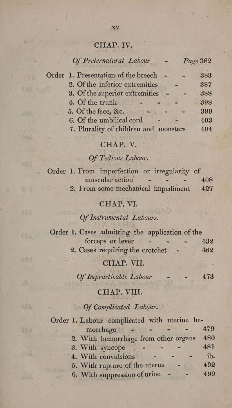 CHAP. IV. Of Preternatural Labour - Page 382 Order 1. Presentation of the breech - - 383 2. Of the inferior extremities - 387 3. Of the superior extremities - - 388 4. Of the trunk Se ae 398 5. Of the face, &amp;c. - - - 399 6.-Of the umbilical cord - - 403 7. Plurality of children and monsters 404 CHAP. V. Of Tedious Labour. Order 1. From imperfection or irregularity of muscular action - - ~ 408 2. From some mechanical impediment 427 CHAP. VI. Of Instrumental Labours. Order }. Cases admitting the application of the forceps or lever - - ~ AZ2 2. Cases requiring the crotchet _ - 462 ) CHAP. VII. Of Impracticable Labour ~ - ANS CHAP. VIll. Of Complicated Labour. Order 1. Labour complicated with uterine he- morrhage’ = - - - A'T9 2. With hemorrhage from other organs 480 3. With syncope | = ai 481 4, With convulsions - - - TRG 5. With rupture of the uterus ~ | 492 6. With suppression ofurine - = 499