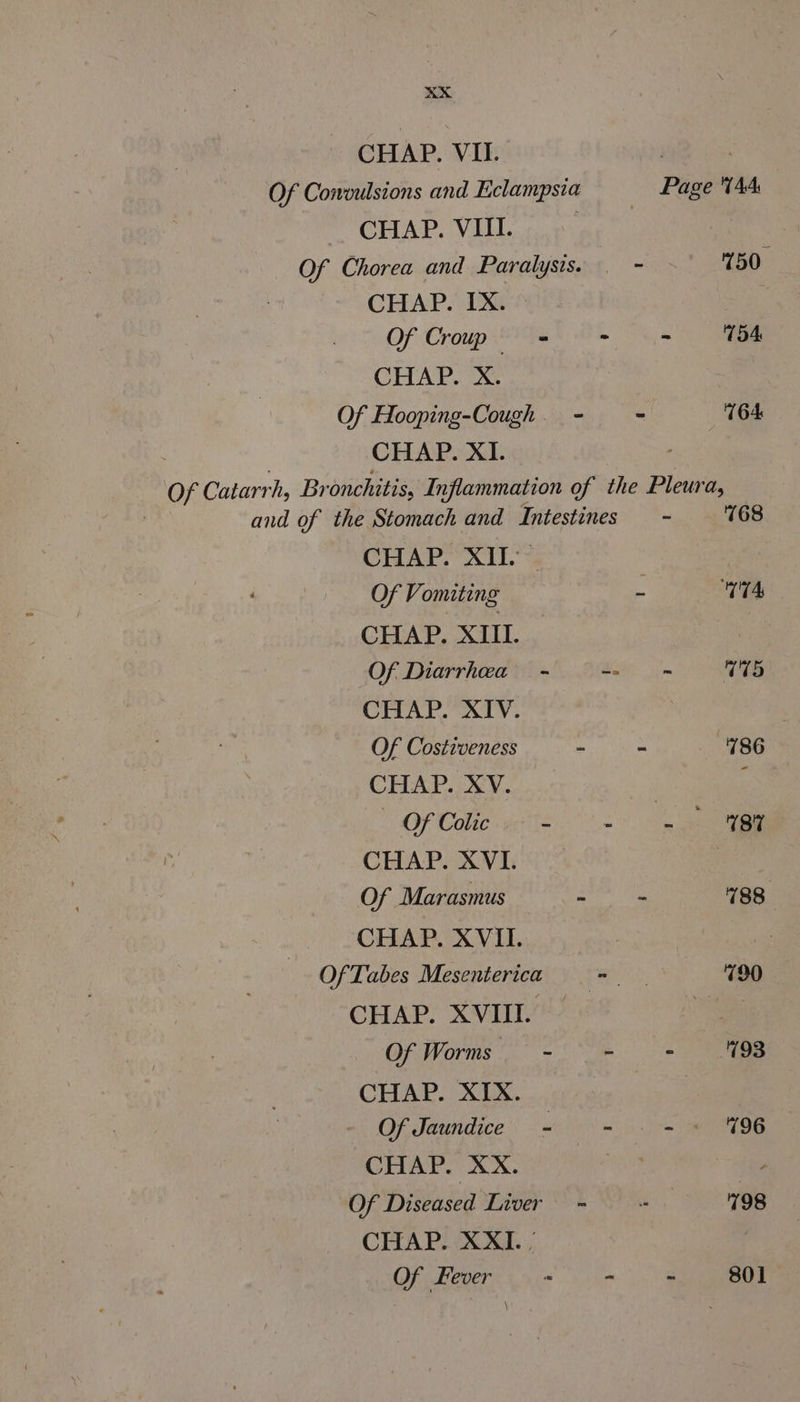 AX CHAP. VII. Of Convulsions and Eclampsia = Page 44 CHAP. VIII. . Of Chorea and Paralysis. | - 150° CHAP. IX. Of Croup = - - 154 CHAP. X. Of Hooping-Cough. - = 164 CHAP. XI]. Of Catarrh, Bronchitis, Inflammation of the Pleura, and of the Stomach and Intestines - 768 CHAP. XIE.~ Of Vomiting s TA CHAP. XIII. _ | Of Diarrhea - Ba V15 CHAP. XIV. Of Costiveness zs 786 CHAP. XV. OF Udi adie 8 CHAP. XVI. | Of Marasmus > - 788 CHAP. XVII. OfTabes Mesenterica = | ‘790 CHAP. XVIII.  Of Worms - - - “98 CHAP. XIX. Of Jaundice “ . LK 496 CHAP. XX. , Of Diseased Liver ~ 798 CHAP. XXII. , Of Fever . ~ ~ 801 \
