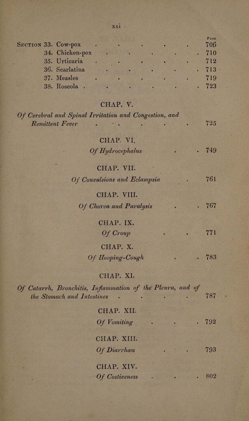 Section 33. Cow-pox F : : ‘ é 706 34. Chicken-pox ’ : : 2 ra ee) 35. Urticaria : : : oe ; 712 ' 36. Scarlatina ae : : : Ss 87. Measles : : ‘ ros : 719 38. Roseola . t J , é Rea ws CHAP. V. Of Cerebr ae and Spinal Irritation and eas and Remittent Fever ’ oe : : 725 CHAP. VI. Of Hydrocephalus : » 749 CHAP. VII. Of Convulsions and Eclampsia =e 761 CHAP. VIII. Of Chorea.and Paralysis : er OL CHAP. IX. Of Croup ‘ : 171 CHAPS X. Of Hooping-Cough mo Be Stee: CHAP. XI. Of Catarrh, Bronchitis, Inflammation = the Pleura, and ae the Stomach and Intestines. 787 CHAP. XII. Of Vomiting : ; va £ OZ CHAP. XIII. Of Diarrhea RR: ° 793 CHAP. XIV. ‘Of Costiveness : . « 802