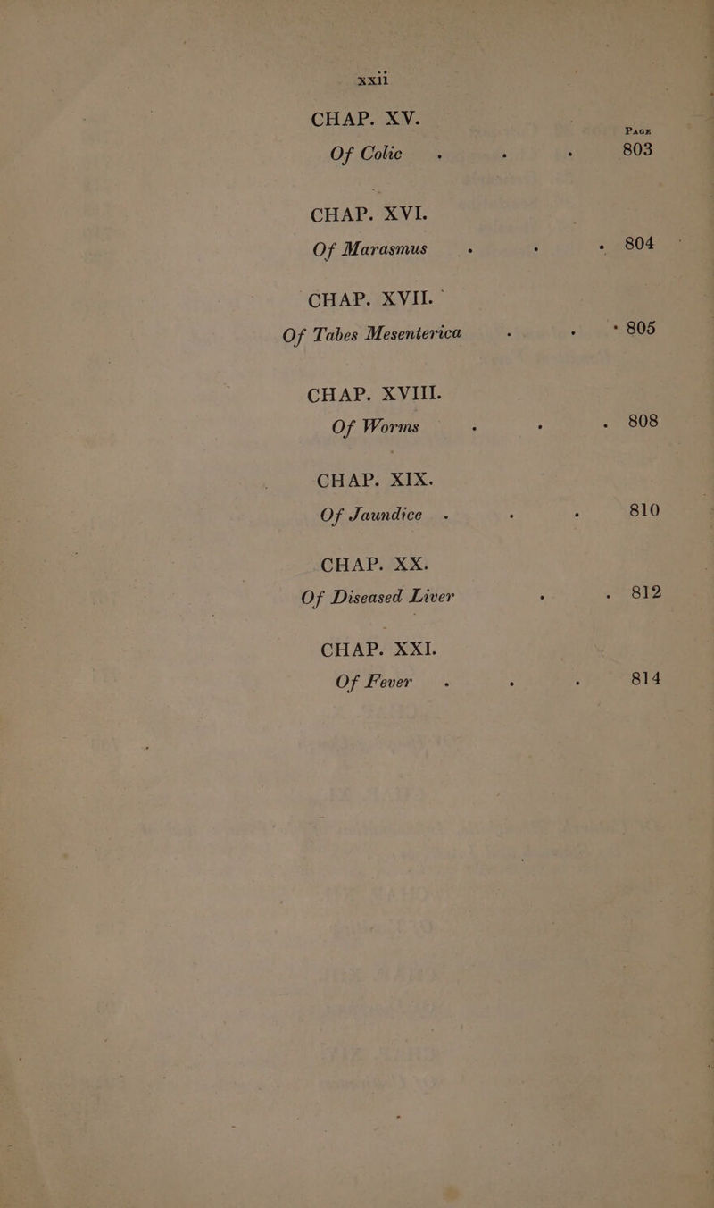 CHAP. XV. PaGE Of Colic . ‘ a ees CHAP. XVI. | Of Marasmus : ‘ - 804 ‘CHAP. XVII.’ Of Tabes Mesenterica : : » 805 CHAP. XVIII. Of Worms : . 808 CHAP. XIX. Of Jaundice. : : 810 CHAP. XX. Of Diseased Liver ‘ 278i CHAP. XXI. Of Fever is : Y 814