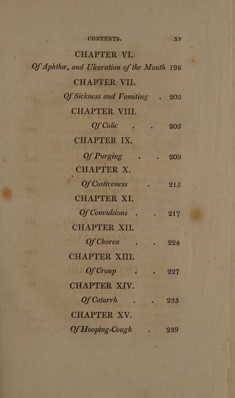 CHAPTER VI. a Of Aphthe, and Ulceration of the Mouth 198 CHAPTER VII. Of Sickness and Vomiting . 203 CHAPTER VII. | Of Colic 4 eI goa CHAPTER IX, of Purging. - 209 CHAPTER X, . Of Costiveness 215 CHAPTER XI. Of Convulsions . . 21% ~ CHAPTER XIL OUR ea an. B84 CHAPTER XIII. - Of Croup ea Rey | CHAPTER XIV. | Of Catarrh .. gi. 2ae CHAPTER XV, Of Hooping-Cough 239