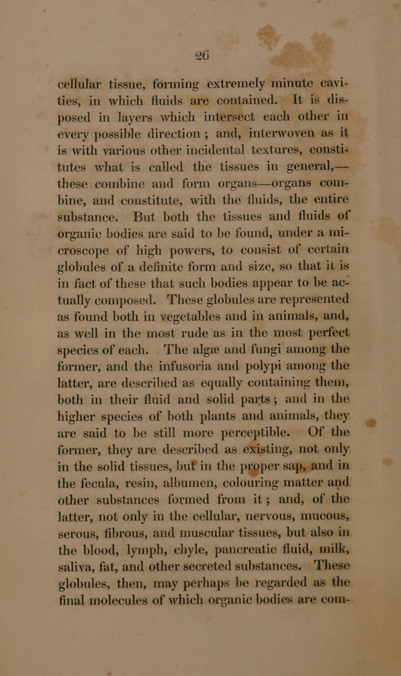 As | ee 26 P $F *: : cellular tissue, forming extremely minute cavi- ties, in which fluids are contained. It is dis- posed in layers which intersect each other in every possible direction ; and, interwoven as it is with various other incidental textures, consti- tutes what is called the tissues in general,— these. combine and form organs—organs com- bine, and constitute, with the fluids, the entire substance. But both the tissues and fluids of organic bodies are said to be found, under a mi- croscope of high powers, to consist of certain globules of a definite form and size, so that it is in fact of these that such bodies appear to be ac- tually composed. These globules are represented as found both in vegetables and in animals, and, as well in the most rude as in the most perfect species of each. The algz and fungi among the former, and the infusoria and polypi among the latter, are described as equally containing them, both in their fluid and solid parts; and in the higher species of both plants and animals, they are said to be still more perceptible. Of the former, they are described as existing, not only in the solid tissues, buf in the proper sap, and in the fecula, resin, albumen, colouring matter and other substances formed from it; and, of the latter, not only in the cellular, nervous, mucous, serous, fibrous, and muscular tissues, but also in the blood, lymph, chyle, pancreatic fluid, milk, saliva, fat, and other secreted substances. These globules, then, may perhaps be regarded as the final molecules of which organic bodies are com-