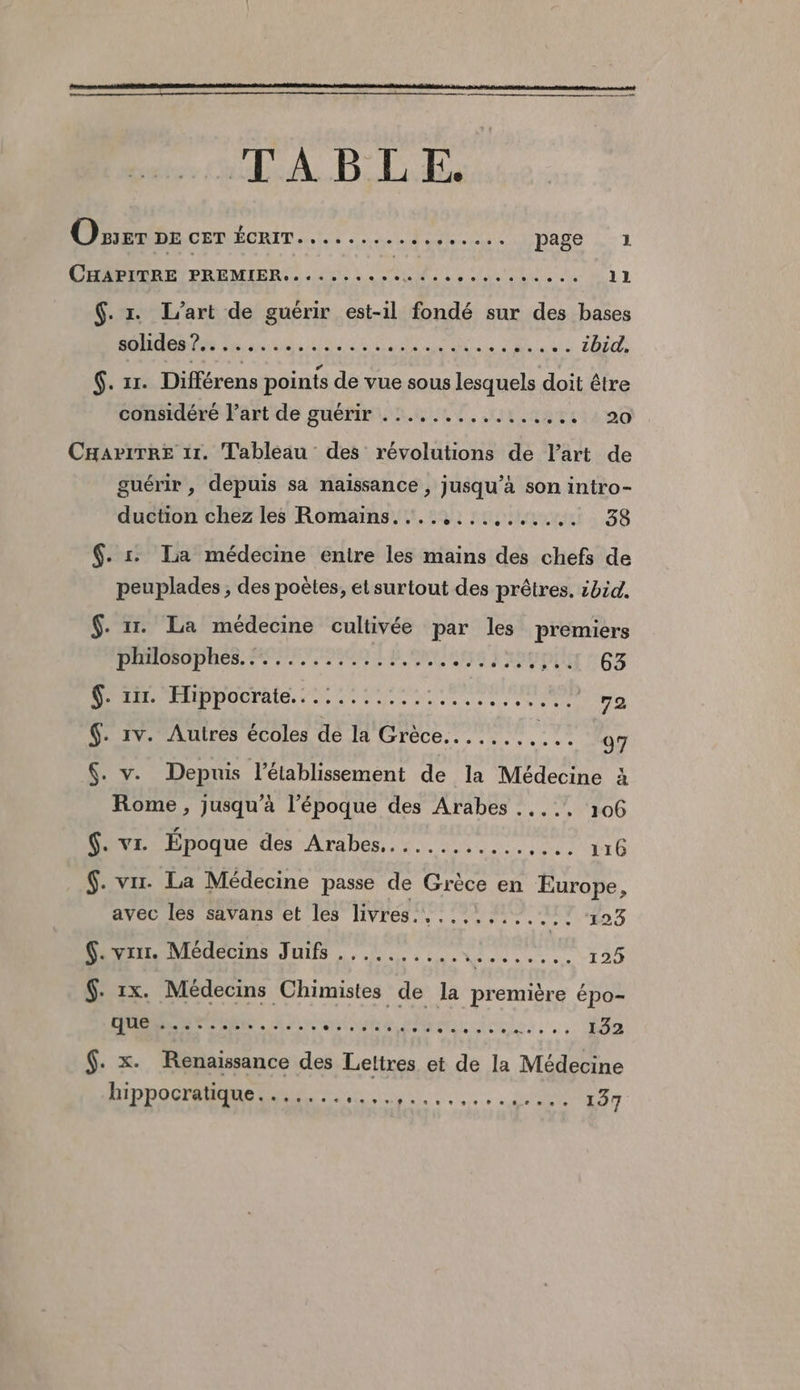 TABLE. Osser DE CET ÉCRIT......... ALP DATE 1 CRE PREMIER un OU nd, 6. 1. L'art de guérir est-il fondé sur des bases OMR en eau ee Dole BU Aout a: VUE C $. 11. Différens poinis de vue sous lesquels doit être considéré l’art de guérir ............. + : 20 CHaAr1TRE 11. Tableau des révolutions de l’art de guérir , depuis sa naïssance , jusqu’à son intro- duction chez les Romains. .......,...... 38 $. rs. Tia médecine entre les mains des chefs de peuplades ;, des poètes, et surtout des prêtres, ibid. $. 117. La médecine cultivée par les premiers Ponosaphes, MOFITEEGN LS ea US LOEDON 63 Nour ”Elippocrale. 2.1/0. se nr TS $. rv. Autres écoles de la Grèce....... A 97 $. v. Depuis l’élablissement de la Médecine à Rome , jusqu’à l’époque des Arabes ..... 106 $. vr. Époque des Arabes............ AUS ELX 0 $. vu. La Médecine passe de Grèce en Europe, avec les savans et les livres.,....,....:. 123 Sevyrr. Médecins Juifs ..........,. Ra En 125 $. 1x. Médecins Chimistes de la première épo- DR NT CR. À. ONE ET. LRO à. : LÉ $. x. Renaissance des Lettres et de la Médecine DIDDOGE RER te à ee 137