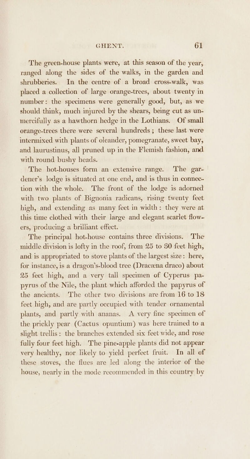 The green-house plants were, at this season of the year, ranged along the sides of the walks, in the garden and shrubberies. In the centre of a broad cross-walk, was placed a collection of large orange-trees, about twenty in number: the specimens were generally good, but, as we should think, much injured by the shears, being cut as un- mercifully as a hawthorn hedge in the Lothians. Of small orange-trees there were several hundreds ; these last were intermixed with plants of oleander, pomegranate, sweet bay, and laurustinus, all pruned up in the Flemish fashion, and. with round bushy heads. The hot-houses form an extensive range. The gar- dener’s lodge is situated at one end, and is thus mn connec- tion with the whole. The front of the lodge is adorned with two plants of Bignonia radicans, rising twenty feet. high, and extending as many feet m width: they were at this time clothed with their large and elegant scarlet flow- ers, producing a brilliant effect. The principal hot-house contains three divisions. The middle division is lofty in the roof, from 25 to 30 feet high, and is appropriated to stove plants of the largest size: here, for instance, is a dragon’s-blood tree (Dracaena draco) about 25 feet high, and a very tall specimen of Cyperus pa- pyrus of the Nile, the plant which afforded the papyrus of the ancients. The other two divisions are from 16 to 18 feet high, and are partly occupied with tender ornamental plants, and partly with ananas. A very fine specimen of the prickly pear (Cactus opuntium) was here trained to a slight trellis: the branches extended six feet wide, and rose fully four feet high. The pine-apple plants did not appear very healthy, nor likely to yield perfect fruit. In all of these stoves, the flues are led along the interior of the house, nearly in the mode recommended in this country by