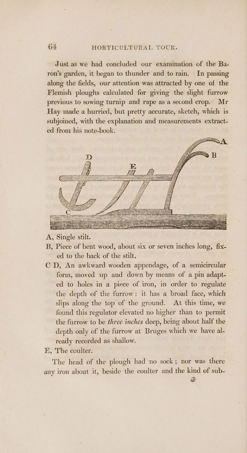 Just as we had concluded our examination of the Ba- ron’s garden, it began to thunder and to rain. In passing along the fields, our attention was attracted by one of the Flemish ploughs calculated for giving the slight furrow previous to sowing turnip and rape as a second crop. Mr Hay made a hurried, but pretty accurate, sketch, which is subjomed, with the explanation and measurements extract- ed from his note-book. B, Piece of bent wood, about six or seven inches long, fix- ed to the back of the stilt. CD, An awkward wooden appendage, of a semicircular form, moved up and down by means of a pin adapt- ed to holes in a piece of iron, in order to regulate the depth of the furrow: it has a broad face, which slips along the top of the ground. At this time, we found this regulator elevated no higher than to permit the furrow to be three inches deep, being about half the depth only of the furrow at Bruges which we have al- ready recorded as shallow. FE, The coulter. The head of the plough had-no sock ; nor was there any iron about it, beside the coulter and the kind of sub-