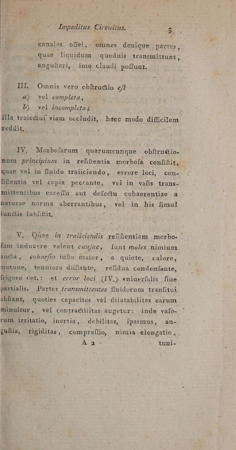 N 7 Impeditus, Circuitus.- | , 5 , : 3 / D canales. offei, omnes. denique partes, quae liquidum | quoduis transmittunt, anguítarij imo claudi polfunt. IIl. Omnis vero oblrudio eft 4) vel completa, D) vel incompletag - ; ila traie&amp;ui viam occludit,. haec modo difficilem reddit, IV. Morbofarum ' quarumcunque obftrustio- num principium in refiftentia morboÍa confiftit, quae vel in flnido traiciendo, errore loci, con- filentia vel copia: pecrante, vel in vafis trans- mittentibus exceífü aut defectu cohaerentiae a naturae norma aberrantibus, vel in his [imul iunctis. [ubfiftit, o V. Quae D traiiciendis refifientiam | morbos fam inducere valent caujae, funt rholes nimium aucta, cohaefro iufio maior, 4 quiete, calore, motuue, tenuiora dilflapte, refidua cendenf[ante, ingore cet.: et error loci (IV.) vniuerfalis fiue partialis, Partes transmittentes fluidorum tranfitui. obftant, quoties cepacitas vel dilatabilitas earum minuitur, vel contractilitas augetur: inde vafóo- rum irritatio, inertia, debilitas, fpasmus, an- guía, rigiditas, compreífio, nimia elongatio,