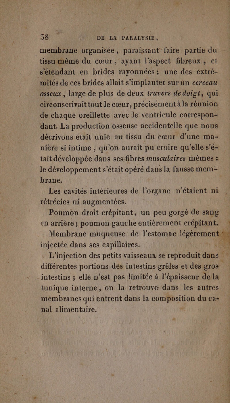 FE DE LA PARALYSIE, membrane organisée, paraissant faire partie du tissu même du cœur, ayant l'aspect fibreux , et s'étendant en brides rayonnées; une des extré- mités de ces brides allait s'implanter surun cerceau osseux , large de plus de deux travers de doigt, qui circonscrivait tout Je cœur, précisément à la réunion de chaque oreillette avec le ventricule correspon- dant. La production osseuse accidentelle que nous décrivons était unie au tissu du cœur d’une ma- nière si intime , qu’on aurait pu croire qu'elle s’é- tait développée dans ses fibres musculaires mêmes : le développement s'était opéré dans la fausse mem- brane. Les cavités intérieures de l'organe n'étaient ni rétrécies ni augmentées. Poumon droit crépitant, un peu gorgé de sang en arrière ; poumon gauche entièrement crépitant. ! Membrane muqueuse de l'estomac légèrement injectée dans ses capillaires. | “14 . L’injection des petits vaisseaux se reproduit des 14 différentes portions des intestins grêles et des gros à intestins ; elle n’est pas limitée à l'épaisseur de la tunique interne, on la retrouve dans les autres membranes qui entrent dans la composition du ca- nal alimentaire.