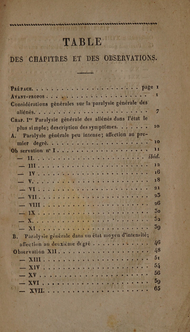 LS *, TABLE DES CHAPITRES ET DES OBSERVATIONS. PARA NX KE LUN LU ET HN DAsert Considérations générales sur la ‘paralysie générale des aliénés. C] e e e e Cd lié Te ete Vie Meme ER ien re vie PuLLe, le 2 7 Char. I‘ Paralysie générale des aliénés dans l’état le plus simple; description des symptômes. . , . . . + 10 A. Paralysie générale peu intense; affection au pre- be: CAC 7 LME AIME Mar rdrsfr “10 10b servation: n° EL. 1... Ten Al DONS à RON RARES EE ER Re a AT OT tt ibid — JT. ANS TER POLEOUR ES STE TRE 12 ATEN ENT, CET RAR sers ee 16 AURA AURA RENE PE ER EE IFRS NE TON SN 18 VAN eu ne hdi Ha A ete RE DE . 31 DAMES SO Re eu dû Re er l'es oo me 29 — VIN: 4.4.4... SA Pa a ne 6 7.20 — 1X . . UNS N'ES LUN LRU ‘ 50 nn en de N LÉ R ETRN D ES DPe NERF IR 52 PR RP ALU de 48 MU IRIA elR E a Revel e ae 39 B. Paralysie générale dans uu état moyen SU PERRET affection au deuxième degré . 4 . . + + « ds NA Mibobrvation MIE, 4 2 3 so ce L'un ren bee EE AS DCR 4 tant slt Neue 1 5t FRPAIVI ES cree RE TEN D Fe — XV... CUS AU LE TER RS en 4e 56 ANT 4 le ete tie ol A UN ES EI PU ae 59 Te LL 1 va À Nb * \ odEre PEN Leu à De, VAR. LE Ps