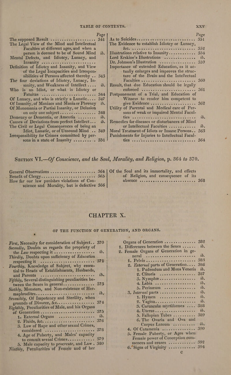 The supposed Result ....... The Legal View of the Mind aud Intellectual Faculties at different ages, and when a person is deemed to be of Sound Mind Mental Defects, and Idiotcy, Lunacy, and Insanity .. Definition of Idiotcy and Insanity, and View of the Legal Incapacities and Irrespon- sibilities of Persons affected thereby . The four deviations of Idiotey, Lunacy, In- - sanity, and Weakness of [ntellect . is an Idiot, or what is Idiotcy or Fatuitas Of Lunacy, and who is strictly a Lunatic.. Of Insanity, of Maniacs and Mania or Phrenzy Of Monomania or Partial Insanity, or Delusion on only one subject Demency or Dementia, or Amentia Causes of Deviations from perfect Intellect .. The Civil or Legal Consequences of being an Idiot, Lunatic, or of Unsound Mind .. Irresponsibility for Crimes committed by per- sons in a state of Insanity .......... oveese ee ee eoeane eeoeeorreeeoer ee eoe eer ee eee Who eosere ese eevee eveeeve eoeeeeese Page 3541 ib. 544 547 id. ib. ib. $49 351 XXV Page As to Suicidesis /aad wiudaihwune tah 351 The Evidence to establish Idiotcy or Lunacy, SSCS hates REGEG TITS oR hae BOal Sin 8. B02 Illustrations relative to Insanity .. ataie Shale wee S54 Lord Erskine’s Illustrations ......i....06 BOK ie De Johnson's- Illustration “S0004 08. 6... se 359 Importance of extended Education, as it ac- tually enlarges and improves the struc- ture of the Brain and the Intellectual PACUIUCS in Oe DUIS chee ce ek cee Result, that due Education should -be legally poy Os vor | aed, GU a ee Postponement of a Trial, and Education of Witness to render him competent to give Evidence . Utility of Parental and Medical care of Per- sons of weak or impaired Mental Facul- ties Remedies for diseases or disturbances of Mind or Intellectual Faculties ..... 3 Moral Treatment of Idiots or Insane Persons.. Punishments for Injuries to Intellectual Facul- ties .... e@eeeesese ee seve ee ee eeeceee eeoeneoeeae eee ceeeee ee General Observations . . Benefit of Clergy How far our law punishes violations of Con- science and Morality, bat is defective 565 566 of Religion, and consequence of its absence eeoreooeerevoe eve ereee ee ee eevee * . First, Necessity for consideration of Subject.. Secondly, Doubts as regards the propriety of the Law respecting it ...... Thirdly, Doubts upon sufficiency of E ducation respecting it Fourthly, Knowledge of Subject, why essen- tial to Heads of Establishments, Husbands, and Parents Fifthly, Several distinguishing peculiarities be- tween the Sexes in general. aya'winials © Syeyes'e Sixthly, Monsters, and Non-existence of He maphrodites...... Sorry to. Seventhly, Of Impotency and Sterility, when grounds of Divorce, &amp;C..- ++ sees seer cess Eighthly, Peculiarities of Male, and his Organs of Generation 4. External Organs ....-5-+-eeeeeee 2. Fluids, &amp;c. 3. Law of Rape and other sexual Crimes, eeveveveves eoeoeee eevee reereasereee rer aee Observe sia eee cece csecee “ee: 4, Age of Puberty, and Males’ capacity — to commit sexual Crimes.........-.. 5. Male capacity to procreate, and Law . Ninthly, Pecnliarities of Female and of her 370 Organs of Generation ........ 1. Differences between the’ Sexes epee 2. Female Organs of Generation in ge- neral MY EC rie t eat ints bind a:b. wie aoe 9, External parts of Generation. . 14. Pudendum and Mons Waheris 9. Clitoris .... 3. Nymphe.... 4. Labia 5. Perineum 3. Internal parts .. 1. Hymen 2. Vagina...-..sseeeeveeees 3. Caruncule myrtiformes .... 4. Uterus 5. Fallopian Tubes 6. The Ovaria and Ova and Corpus Luteum 4. Of Catamenia . 5, Female Puberty, or Ages when Female power of Conception com- mences and ceases 6.°Signs of Virginity . eoeoveve eee coeoerer ere reer ee enes Ci pee 6 OU DO Bee ® eee weer ewee 383