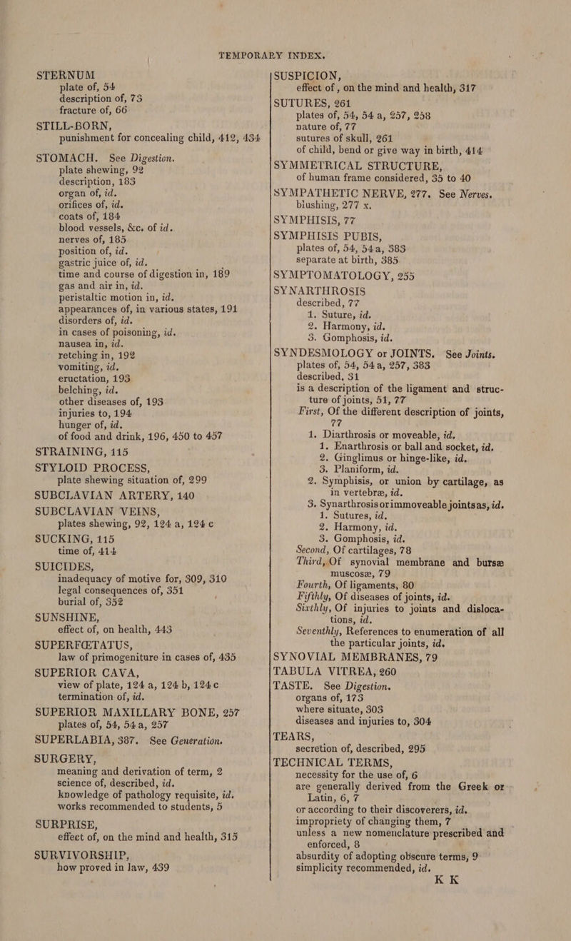STERNUM plate of, 54 description of, 75 fracture of, 66 STILL-BORN, STOMACH. See Digestion. plate shewing, 92 description, 183 organ of, id. orifices of, id. coats of, 184 blood vessels, &amp;c. of id. nerves of, 185 position of, id. gastric juice of, id. { time and course of digestion in, 189 gas and air in, id. peristaltic motion in, id. appearances of, in various states, 191 disorders of, id. in cases of poisoning, id. nausea in, id. retching in, 192 vomiting, id. eructation, 195 belching, id. other diseases of, 193 injuries to, 194 hunger of, id. of food and drink, 196, 450 to 457 STRAINING, 115 STYLOID PROCESS, plate shewing situation of, 299 SUBCLAVIAN ARTERY, 140 SUBCLAVIAN VEINS, plates shewing, 92, 124.a, 124¢ SUCKING, 115 time of, 414 SUICIDES, inadequacy of motive for, 309, 510 legal consequences of, 351 burial of, 352 SUNSHINE, effect of, on health, 443 SUPERFG@TATUS, law of primogeniture in cases of, 435 SUPERIOR CAVA, view of plate, 124 a, 124 b, 124 termination of, id. SUPERIOR MAXILLARY BONE, 257 plates of, 54, 54a, 257 SUPERLABIA, 387. See Generation. SURGERY, meaning and derivation of term, 2 science of, described, id. knowledge of pathology requisite, id. works recommended to students, 5 SURPRISE, . effect of, on the mind and health, 315 SURVIVORSHIP, how proved in Jaw, 439 SUSPICION, effect of , on the mind and health, 317 SUTURES, 261 plates of, 54, 54a, 257, 258 nature of, 77 sutures of skull, 261 of child, bend or give way in birth, 414 SYMMETRICAL STRUCTURE, of human frame considered, 35 to 40 SYMPATHETIC NERVE, 277. See Nerves. biushing, 277 x, SYMPHISIS, 77 SYMPHISIS PUBIS, plates of, 54, 54a, 383 separate at birth, 385 SYMPTOMATOLOGY, 255 SYNARTHROSIS described, 77 1. Suture, id. 2. Harmony, id. 3. Gomphosis, id. SYNDESMOLOGY or JOINTS. ‘See Joints. plates of, 54, 54a, 257, 583 described, 31 is a description of the ligament and struc- ture of joints, 51, 77 First, Of the different description of joints, 77 1. Diarthrosis or moveable, id. 1. Enarthrosis or ball and socket, id. 2. Ginglimus or hinge-like, id, 3. Planiform, id. 2. Symphisis, or union by cartilage, as in vertebra, id. 3. Synarthrosis orimmoveable jointsas, id. 1. Sutures, id. 2. Harmony, id. 3. Gomphosis, id. Second, Of cartilages, 78 Third, Of synovial membrane and burse muscose, 79 Fourth, Of ligaments, 80 Fifihly, Of diseases of joints, id. Sixthly, Of injuries to joints and disloca- tions, id. Seventhly, References to enumeration of all the particular joints, id. SYNOVIAL MEMBRANES, 79 TABULA VITREA, 260 TASTE. See Digestion. organs of, 173 where situate, 303 diseases and injuries to, 304 TEARS, secretion of, described, 295 TECHNICAL TERMS, necessity for the use of, 6 are generally derived from the Greek or Latin, 6, 7 or according to their discoverers, id, impropriety of changing them, 7 unless a new nomenclature prescribed and enforced, 8 absurdity of adopting obscure terms, 9 simplicity recommended, id, K K