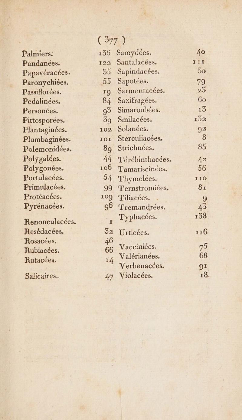 Palmiers. Pandanées. Papavéracées. Paronychiées. Passiflorées. Pedalinées. Personées. Pittosporées. Plantaginées. Plumbaginées. Polemonidées. Polygalées. Polygonées. Portulacées. Primulacées. Protéacées. Pyrénacéés. Renonculacées. Resédacées. Rosacées. Rubiacées. Rutacées. Salicaires.. Samydées. Santalacées. Sapindacées. Sapotées. Sarmentacces. Saxifragées. Simaroubées. Smilacées. Solanées. Sterculiacées. Strichnées,. T'érébinthacées. T'amariscinées. Thymelées. Ternstromiées. T'iliacées. Tremandrées. Typhacées. Urticées. Vacciniées. Valérianées. Verbenacées. Violacées.