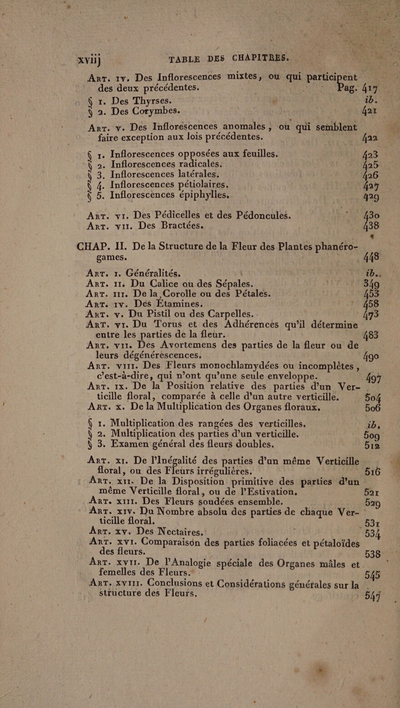 Arr. 1v. Des Inflorescences mixtes, ou qui PAPIER des deux précédentes. ag. 417 ÿ r. Des Thyrses. s ib. \ 2. Des Corymbes. Ju | 42x Arr. v. Des Inflorescences anomales ; où qui semblent faire exception aux lois précédentes. 422 r. Inflorescences opposées aux feuilles. 423 Ÿ 2. Inflorescences radicales. 425 Ÿ 3. Inflorescences latérales. _ 426 Ÿ 4. Inflorescences pétiolaires, 42% Ÿ 5. Inflorescences épiphylles, 429 AnT. vi. Des Pédicelles et des Pédoncules. x 430 ART. vil. Des Bractées. 438 * games. CHAP. II. De la Structure de la Fleur des Plantes phanéro- 7 ArT. 1. Généralités. | DA ART. 11. Du Calice ou des Sépales. 349 ART. ur. De la Corolle ou des Pétales. 453 ArT. 1V. Dés Etamines. | ” 458 AxT. v. Du Pistil ou des Carpelles. 473 ART. vi. Du Torus et des Adhérences qu’il détermine entre les parties de la fleur. 483 ART. vit. Des Avortemens des parties de la fleur ou de leurs dégénérèscences. 90 Arr. virr. Des Fleurs monochlamydées ou incomplètes, c’est-à-dire, qui n’ont qu’une seule enveloppe. 49} ArT. 1x. De la Position relative des parties d’un Ver- ticille floral, comparée à celle d’un autre verticille. 504 Art. x. De la Multiplication des Organes floraux. 5o6 $ 1. Multiplication des rangées des verticilles. ib, Ÿ 2. Multiplication des parties d’un verticille. 5og Ÿ 3. Examen général des fleurs doubles. bre ART. x1. De l’Inégalité des parties d’un même Verticille floral, ou des Fleurs irrégulières. 516 ART. x11. De la Disposition primitive des parties d’un même Verticille floral, ou de l’Estivation. 52r ArT. x111. Des Fleurs soudées ensemble. 529 ART. x1v. Du Nombre absolu des parties de chaque Ver- : ticille floral. | _53x Arr. xv. Des Nectaires. e 53 ART. xVI. Comparaisün des parties foliacées et pétaloïdes des fleurs. 538 ART. xvi1. De l’Analogie spéciale des Organes mâles et. femelles des Fleurs. : 545 AT. xvri1. Conclusions et Considérations génétales sur la . structure des Fleurs. |