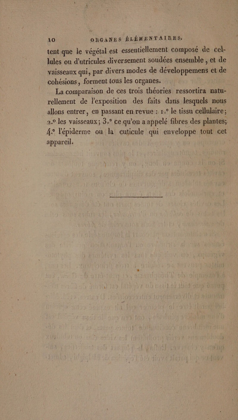 tent que le végétal est essentiellement composé de cel- lules ou d’utricules diversement soudées ensemble , et de vaisseaux qui, par divers modes de développemens et de cohésions, forment tous les organes. | La comparaison de ces trois théories ressortira matu- rellement de lexposition des faits dans lesquels nous allons entrer, en passant en revue : 1.° le tissu cellulaire; 2.0 les vaisseaux; 3.° ce qu’on a appelé fibres des plantes; 4° Vépiderme ou la cuticule qui enveloppe tout cet appareil. di ES
