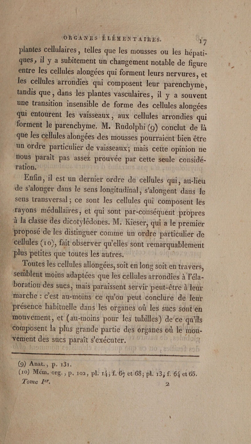 plantes cellulaires , telles que les mousses ou les hépati- ques ; il ÿ a subitement un changement notable de figure entre les cellules alongées qui forment leurs nervures, et les cellules arrondies qui composent leur parenchyme, tandis que , dans les plantes vasculaires, il ÿ à souvent une transition insensible de forme des cellules alongées qui entourent les vaisseaux, aux cellules arrondies qui “orment le parenchyme. M. Rudolph (o) conclut de là que les cellules alongées des mousses pourraient bien être ‘un ordre particulier de vaisseaux; mais cette opinion ne nous parait pas assez prouvée par cette seule considé- ration. Enfin, il est un dernier ordre de cellules qui, au-lieu de s’alonger dans le sens longitudinal, s’alongent dans le sens transversal; ce sont les cellules qui composent les rayons médullaires, et qui sont par-conséquent propres plus petites que toutes les autres. … Toutes les cellules allongées, soit en long soit en travers, semblent moins adaptées que les cellules arrondies à l'éla- boration des sucs, mais paraissent servir peut-être à leur marche : C’est au-moins ce qu'on peut conclure de leur présence habituelle dans les organes où les sucs sont'én : “ ‘ ! | N (9) Anat., p. 131. (10) Mém. org. , p. 102, pl. 145€, 6 et 68; pl. 135 £. 64 et GS. Tome LIT, 2