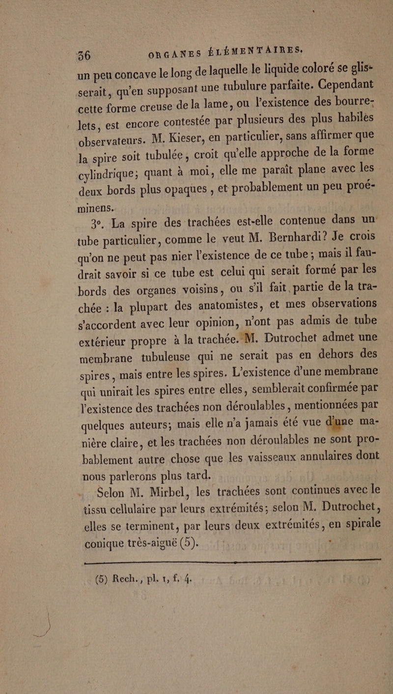 un peu concave le long de laquelle le liquide coloré se glis- serait, qu’en supposant une tubulure parfaite. Cependant cette forme creuse de la lame, où l'existence des bourre- lets, est encore contestée par plusieurs des plus habiles observateurs. M. Kieser, en particulier, sans affirmer que la spire soit tubulée, croit qu'elle approche de la forme cylindrique ; quant à moi, elle me paraît plane avec les deux bords plus opaques , et probablement un peu proé- minens. 3. La spire des trachées est-elle contenue dans un tube particulier, comme le veut M. Bernhardi? Je crois qu'on ne peut pas nier l'existence de ce tube ; mais il fau- drait savoir si ce tube est celui qui serait formé par les bords des organes voisins, ou s'il fait, partie de la tra- chée : la plupart des anatomistes, et mes observations s'accordent avec leur opinion, n’ont pas admis de tube extérieur propre à la trachée. M. Dutrochet admet une membrane tubuleuse qui ne serait pas en dehors des spires, mais entre les spires. L'existence d’une membrane qui unirait les spires entre elles, semblerait confirmée par l'existence des trachées non déroulables, mentionnées par quelques auteurs; mais elle n’a jamais été vue d'une ma- nière claire, et les trachées non déroulables ne sont pro- bablement autre chose que les vaisseaux annulaires dont nous parlerons plus tard. | Selon M. Mirbel, les trachées sont continues avec le tissu cellulaire par leurs extrémités; selon M. Dutrochet, elles se terminent, par leurs deux extrémités, en spirale conique très-aiguë (5). à ONE LEE Re (5) Rech. , pl 1, £. 4.