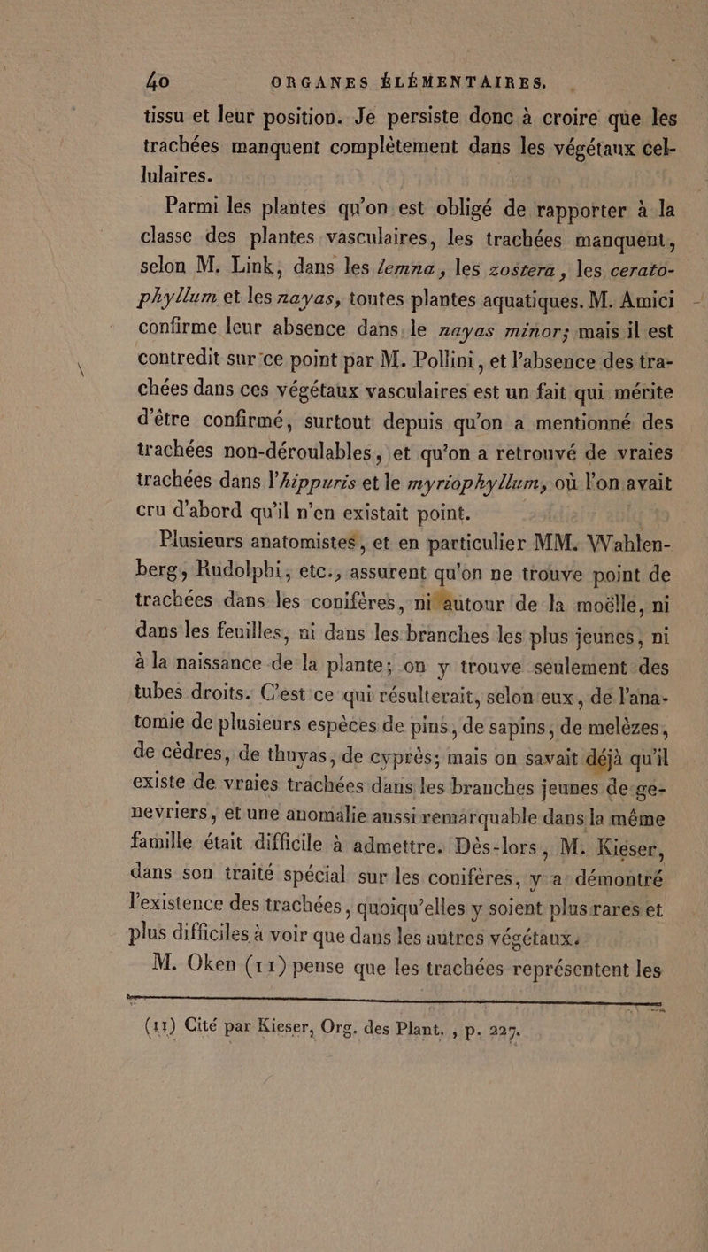 tissu et leur position. Je persiste donc à croire que les trachées manquent complètement dans les végétanx cel- lulaires. | Parmi les plantes qu'on est obligé de rapporter à la classe des plantes vasculaires, les trachées manquent, selon M. Link, dans les /emna, les zostera , les cerato- phyllum et les nayas, toutes plantes aquatiques. M. Amici confirme leur absence dans le 2eyas minor; mais il est contredit sur ce point par M. Pollini, et l’absence des tra- chées dans ces végétaux vasculaires est un fait qui mérite d'être confirmé, surtout depuis qu’on a mentionné des trachées non-déroulables, et qu’on a retrouvé de vraies trachées dans l’Aippwris et le myriophyllum, où Yon avait cru d'abord qu'il n’en existait point. Plusieurs anatomistes, et en particulier MM. Wahlen- berg, Rudolphi, etc., assurent qu'on ne trouve point de trachées dans les conifères, nifautour de la moëllé, ni dans les feuilles, ni dans les branches les plus jeunes, ni à la naissance de la plante; on y trouve seulement des tubes droits. C’est ce qni résulterait, selon eux, dé l'ana- tomie de plusieurs espèces de pins, de sapins, de melèzes, de cèdres, de thuyas, de cyprès; mais on savait déjà qu'il existe de vraies trachées dans les branches jeunes de:ge- nevriers, el une anomalie aussi remarquable dans la même famille était difficile à admettre. Déès-lors, M. Kieser, dans son traité spécial sur les conifères, y'a démontré l'existence des trachées, quoiqu’elles y soient plus-rares et plus difficiles à voir que dans les autres végétaux M. Oken (11) pense que les trachées représentent les