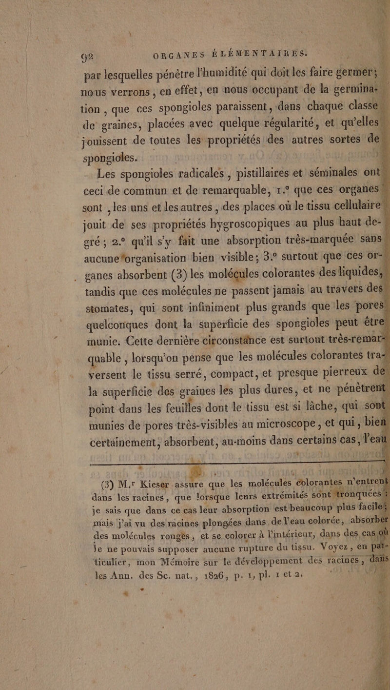 par lesquelles pénètre l'humidité qui doit les faire germer; î nous verrons , en effet, en nous occupant de la germinae tion , que ces spongioles paraissent, dans chaque classe de graines, placées avec quelque régularité, et qu’elles jouissent de toutes les propriétés des autres sortes ‘den spongioles. : Q:ATONE \ Les spongioles radicales , pistillaires et sémimales ont ceci de commun et de remarquable, r.° que ces organes sont , les uns et les autres , des places où le tissu cellulaire” jouit de ses propriétés hygroscopiques au plus haut de- Ë gré; 2. qu'il s’y fait une absorpuon très-marquée sans w aucune forganisation bien visible; 3. surtout que ces or. ganes absorbent (3) les molécules colorantes des liquides, tandis que ces molécules ne passent jamais au travers des, stomates, qui sont infiniment plus grands que les pores! quelconques dont la superficie des spongioles peut être munie. Cette dernière circonstänce est surtout très-remari) quable , lorsqu'on pense que les molécules colorantes trad versent le tissu serré, compact, et presque pierreux de Le la superficie des graines les plus dures, et ne pénètrent, L e n # 0 ° w és EN point dans les feuilles dont le tissu est si lâche, qui sont munies de pores très-visibles au microscope , et qui, bien certainement, absorbent, au-moins dans certains cas, l’eat * ticulier, mon Mémoire sur le développement des racines, dans Si les Ann. des Sc. nat., 1826, p. 1, pl. 1 et2. OL RAS “ \ &gt; * , “