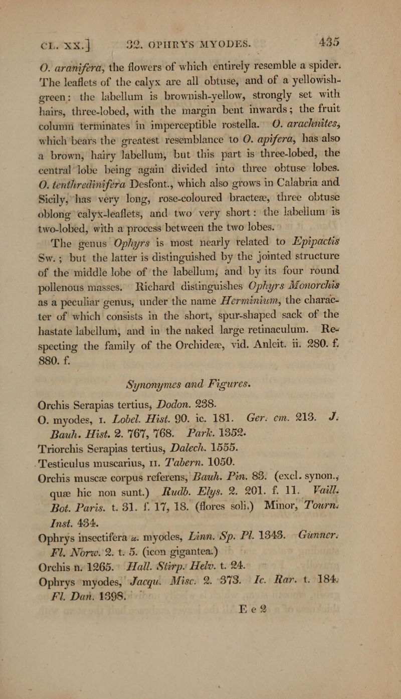 O. aranifera, the flowers of which entirely resemble a spider. The leaflets of the calyx are all obtuse, and of a yellowish- green: the labellum is brownish-yellow, strongly set with hairs, three-lobed, with the margin bent inwards; the fruit column terminates in imperceptible rostella. O. arachnites, which bears the greatest resemblance to O. apifera, has also a brown, hairy labellum, but this part is three-lobed, the central lobe being again divided into three obtuse lobes. O. tenthredinifera Desfont., which also grows in Calabria and Sicily, has very long, BEER ils three obtuse oblong’ calyx-leaflets, and two very short : the labellum: is two-lobed, with a process between the two lobes. The genus Ophyrs is most nearly related to Lpipactis Sw.; but the latter is distinguished by the jomted structure of the middle lobe of the labellum; and by its four round pollenous masses. Richard distinguishes Opkyrs Monorchis as a peculiar genus, under the name Herminium, the charac- ter of which consists in the short, spur-shaped sack of the hastate labellum, and in the naked large retinaculum. Re- specting the family of the Orchidex, aa Anleit. ti: 280. f. 880. f. Synonymes and Figures. Orchis Serapias tertius, Dodon. 238. O. myodes, 1. Lobel. Hist. 90. ic. 181. Ger. em. 213. J: Bauh. Hist. 2. 167, 768. Park. 1352. Triorchis Serapias tertius, Dalech. 1555. .Testiculus muscarius, 11. T'abern. 1050. Orchis muscee corpus referens, Bauh. Pin. 83. (excl. synon., que hie non sunt.) Rudb. Elys. 2. 201. f. 11. Paill. Bot. Paris. t. 31. f. 17, 18. (flores soli.) Minor, Tourn. Inst. 434. Ophrys insectifera «. myodes, Linn. Sip. Pl. 1343. Gunner. Fl. Norw. 2: t: 5. (icon gigantea.) Orchis n. 1265.° Hall. Stirp: Helv. t. 24. Ophrys 'myodes, Jacgu. Misc. 2. 873. Ic. Rar. t. 184. Fl. Dan: 1398, Ee2