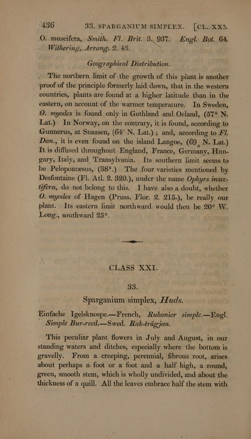 ©. muscifera, Smith. Fl. Brit. 3. 937. Engl. Bot. 64. Withering,. Arrang. 2. 43.. K Geographical Distribution. The northern limit of the growth of this plant is another proof of the principle formerly laid down, that in the western countries, plants-are found at a higher latitude than in the eastern, on account of the warmer temperature. In Sweden, ©. myodes is found only in Gothland and. Oeland, (57° N Lat.) In Norway,.on the contrary, it is found, according to Gunnerus, at Snaasen, (64° N. Lat.) ; and, according to Fi. Dan., it is even found on the island Langoe, (69 N. Lat.) It is diffused throughout England, France, Germany, Hun- gary, Italy, and Disney alia, Its southern limit seems to be Peloponnesus, (38°.) The four varieties mentioned by Desfontaine (Fl. Atl. 2. 320.), under the name Ophyrs insec- tifera, do not belong to this. I have also a doubt, whether QO. myodes of Hagen (Pruss. Flor. 2. 215.), be really our plant.. Its eastern limit northward. would then be an W. Long., southward 25°. CLASS XXI. 33. Sparganium simplex, Huds. Einfache Igelsknospe.—French, Rubanier simple.—Engl. Simple Bur-reed.—Swed. Rak-trägjan. This peculiar plant flowers in July and August, in our standing waters and ditches, especially where the bottom is gravelly. From a. creeping, perennial, fibrous root,. arises about perhaps a: foot or a foot and a half high, a round, green, smooth stem, which is wholly undivided, and about the thickness of a quill. All the leaves embrace half the stem with