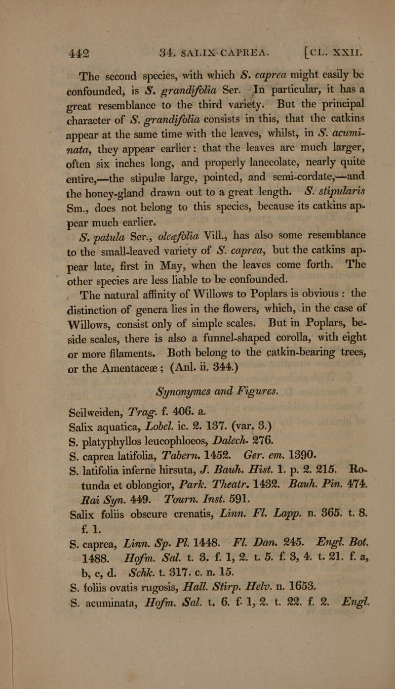 en — The second species, with which S. caprea might easily be confounded, is $. grandifolia Ser. In’ particular, it has a great resemblance to the third variety. But the principal character of 8. grandifolia consists in this, that the catkins appear at the same time with the leaves, whilst, in S. acumi- mata, they appear earlier: that the leaves are much larger, often six inches long, and properly lanceolate, nearly quite entire,—the stipule large, pointed, and semi-cordate,—and the honey-gland drawn out to a great length. S&amp;. stipularis Sm., does not belong to this species, because its catkins ap- pear much earlier. S. patula Ser., olegfolta Vill., has also some resemblance to the small-leaved variety of S. caprea, but the catkins ap- pear late, first in May, when the leaves come forth. ‘The other species are less liable to be confounded. The natural affinity of Willows to Poplars is obvious : the distinction of genera lies in the flowers, which, in the case of Willows, consist only of simple scales. But in Poplars, be- side scales, there is also a funnel-shaped corolla, with eight or more filaments.. Both belong to the catkin-bearing trees, or the Amentacex ; (Anl. ii, 344.) 7 Styynonymes and Figures, Seilweiden, T'rag. f. 406. a. Salix aquatica, Lobel. ic. 2. 137. (var. 3.) S, platyphyllos leucophloeos, Dalech. 276. S. caprea latifolia, T’abern. 1452. Ger. em. 1390. S. latifolia inferne hirsuta, J. Bauh. Hist. 1. p. 2. 215. Ro- tunda et oblongior, Park. Theatr. 1432. Bauh. Pin. 474. Rai Syn. 449. Tourn. Inst. 591. Salix foliis obscure crenatis, Linn. Fl. Lapp. n. 365. t. 8. f. 1. S. caprea, Linn. Sp. Pl. 1448. Fl. Dan. 245. Engl. Bot. 1488. Hofm. Sal. t. 8. f.1, 2.1.5. £3, 4 t. 21. fa, b,c, d. Schk. t. 317. c.n. 15. | S. foliis ovatis rugosis, Hall. Stirp. Helv. n. 1653.
