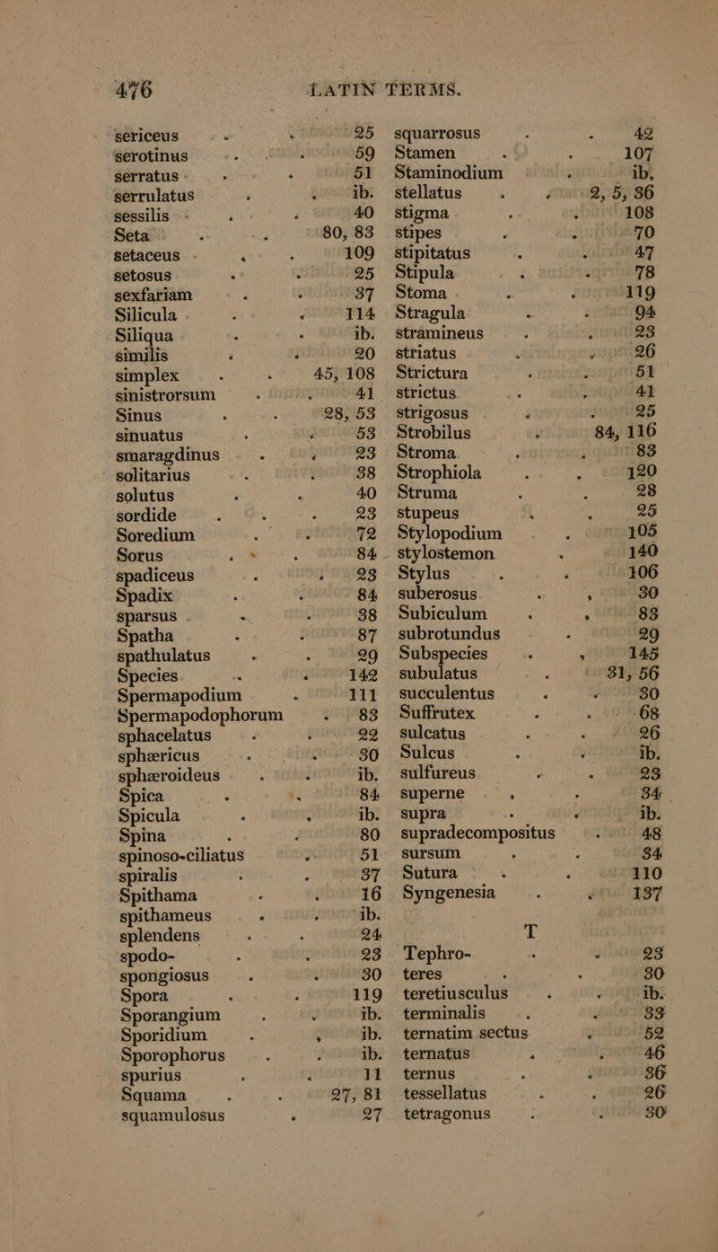 sericeus serotinus serratus serrulatus sessilis Seta setaceus setosus sexfariam Silicula Siliqua similis simplex sinistrorsum Sinus sinuatus smaragdinus solitarius solutus sordide Soredium Sorus _ spadiceus Spadix sparsus Spatha spathulatus Species a sphacelatus spheericus sphaeroideus Spica Spicula Spina spiralis Spithama spithameus splendens spodo- spongiosus Spora Sporangium Sporidium Sporophorus spurius Squama squamulosus e squarrosus Stamen stellatus stigma stipes stipitatus Stipula Stoma Stragula stramineus striatus strigosus Strobilus Stroma Strophiola Struma stupeus Stylopodium Stylus suberosus Subiculum subrotundus Subspecies subulatus succulentus Suffrutex sulcatus Sulcus sulfureus superne ; supra P sursum Sutura Syngenesia Tephro- teres teretiusculus terminalis ternatus ternus tessellatus tetragonus
