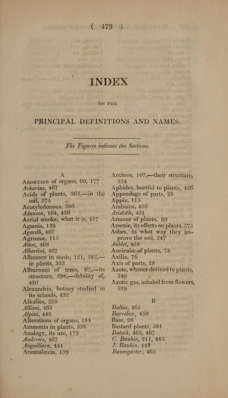 A AporTion of organs, 60, 177 Acharius, 467 Acids of plants, 363,—in the soil, 374: . Acotyledonous, 386 Adanson, 164, 456 Aerial smoke, what it is, 417 Agamia, 139 Agardh, 467 Agrume, 115 Aiton, 468 Albertini, 467 Albumen in seeds, 121, 383,— in plants, 353 Alburnum of trees, 67,—its structure, 298,—debility of, 420 Alexandria, botany studied in its schools, 432 Alkalies, 358 Allioni, 465 Alpini, 442 Alterations of organs, 184 Ammonia in plants, 358 Analogy, its use, 179 Andrens, 467 Anguillara, 441 Anomaloecia, 139 Anthers, 107,—their structure, 335% Aphides, hurtful to plants, 426 Appendage of parts, 28 Apple, 115 Arabians, 486 Aristotle, 431 Armour of plants, 80 Arsenie, its effects on plants, 375 Ashes, in what way they im- prove the soil, 347 Aublet, 458 Auricule,of plants, 78 Axilla, 76 Axis of parts, 28 Azote, whence derived to piants, 349 . Azotic gas, inhaled from flowers, 329 B Bailbis, 465 Barrelier, 450 Base, 28 Bastard plants, 381 Batsch, 463, 467 C. Bauhin, 211, 443. J. Bauhin, 443 Baumgarter, 465