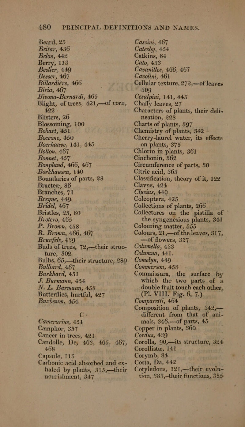 Beard, 25 Beitar, 436 Belon, 442 Berry, 113 Beslier, 449 Besser, 467 Billardiere, 466 Biria, 467 Bivona-Bernardi, 465 Blight, of trees, 421,—of corn, 422 Blisters, 26 Blossoming, 100 Bobart, 451 Boccone, 450 Boerhaave, 141, 445 Bolton, 467 Bonnet, 457 Bonpland, 466, 467 -Borkhausen, 140 Boundaries of parts, 28 Bractez, 86 ” Branches, 71 Breyne, 449 Bridel, 457 Bristles, 25, 80 Brotero, 465 P. Brown, 458 R. Brown, 466, 467 Brunfels, 489 Buds of trees, 72,—their struc- ture, 302 Bulbs, 65,—their structure, 289 Bulliard, 467 Bur khard, 451 F Burmann, 454 N. L. Burmann, 458 Butterflies, hurtful, 427 Buxbaum, 454 on Camerarius, 454 Camphor, 357 Cancer in trees, 421 Candolle, De, 463, 405, 467, 468 Capsule, 115 €arbonic acid absorbed and ex- haled by plants, 315,—their nourishment, 34:7 Cassini, 407 Catesby, 454 Catkins, 84 Calo, 433 Cavanilles, 466, 467 Cavolini, 461 Cellular texture, 272,—of leaves 309 Cesalpini, 141, 448 Chaffy leaves, 27 Characters of plants, their deli- neation, 228 Charts of plants, 397 Cherry-laurel water, its effects on plants, 375 Chlorin in plants, 361 Cinchonin, 362 Circumference of parts, 30 Citric acid, 363 Classification, theory of it, 122 Clavns, 424 | Clusius, 440. Coleoptera, 425 Collections of plants, 266 Collectores on the pistilla of the syngenesious plants, 341 Colouring matter, 355 Colours, Ph“. the leaves, 317, —of flowers, 327 Columella, 433 Columna, 441. Comelyn, 449 Commerson, 458 Commissura, the surface by which the two parts of a double fruit touch each other, (Pl. VIII. Fig. 6, 7.) Comparetti, 464 Composition of piants, 342,— different from that of ani- mals, 346,—of parts, 45 Copper in plants, 360 Cordus, 439 Corolla, 90,—its str ucture, 324 Corollistz, 141 Corymb, 84 Costa, Da, 442 C otyledons, 121,—their evolu- tion, 38 3,-their functions, 385