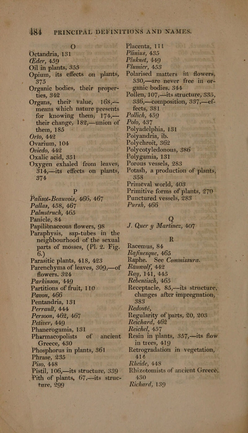 Octandria, 131 (Eder, 459 Oil in plants, 355° Opium, its effects on plants, 375 Organic bodies, their ia ties, 842 Organs, their value, 168,— means which nature presents for knowing them, 17 their change; 182,—tnion of them, 185 - Orto, 442 Ovarium, 104 Oviedo, 442 Oxalic acid, 351° Oxygen exhaled from leaves; 314,—its effects on plants, 374 P : Palisot-Beauvois, 466, 467 Pallas, 458, 467 Palmstruch, 465 Panicle, 84 Papiliönaceous flowers, 98 Paraphysis, sap-tubes in the neighbourhood of the sexual parts of mösses, (Pl. 2. Fig. 6 Karate plants, 418, 423 Parenchyma of leaves, 309,—of flowers, 324 Parkinson, 449 Partitions of fruit, 110 Pavon, 466 | Pentandria, 131 Perrault, 444 Persoon, 462, 467 Petiver, 449 Phanerogamia, 131 Pharmacopolists of ancient _ Greece, 430 Phosphorus in plants, 361 Phrase, 235 Piso, 448 Pistil, 106,—its structure, 339 Pith of plants, 67,—its struc- ture, 299 Plinius, 435 Pluknet, 449 Plumier, 458 Polarised matters in flowers, ganic bodies, 344 Pollen, 107,—its structure, 335, 336 „— composition, 337, —ef- fects, 381 Pollich, 459 Polo, 437 Polyadelphia, 131 Polyandria, ib. Polychroit, 362 Polycotyledonous, 386 Polygamia, 131 Porous vessels, 283 Potash, a production of plants, 358 — Priméval world, 403 Primitive forms of plants, 379 Punctured vessels, 283 Pursh, 466 Q J, Quer y Martinez, 407 | R Racemus, 84 Rafinesque, 465 Raphe. See Commissura. Rauwolf, 442 Ray, 141, 445 Rebentisch, 465 888 Redouté, | | Regularity of parts, 20, 208 — Reichard, 462 Reichel, 457 Resin in plants, 357,—its flow in trees, 419 Retrogradation in vegetation, 414: Rheide, 448 430 Richard, 139 4 un