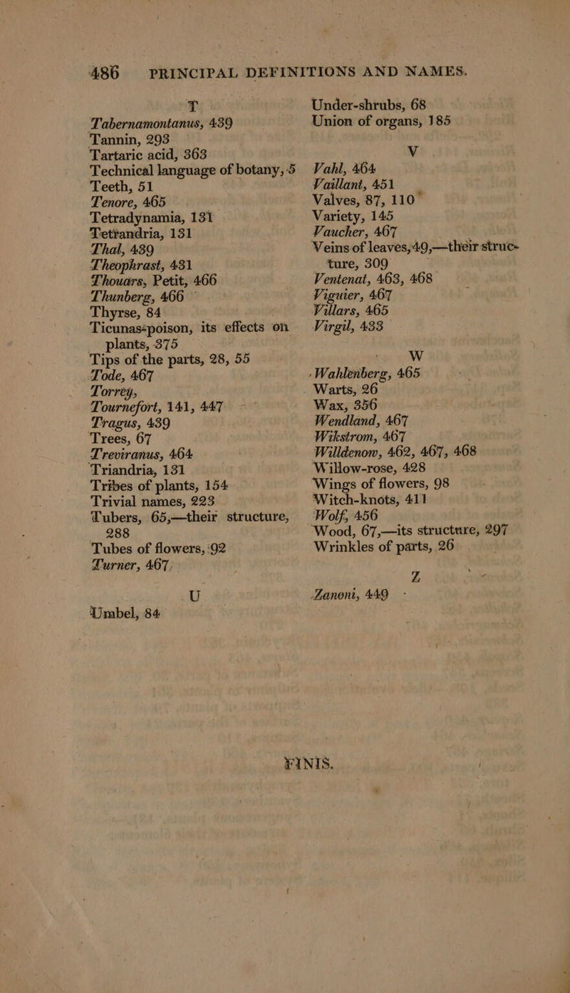 Tabernamontanus, 439 Tannin, 293 Tartaric acid, 363 Technical language of botany, 5 Teeth, 51 Tenore, 465 | Tetradynamia, 131 Tetrandria, 131 Thal, 439 Theophrast, 431 Thouars, Petit, 466 Thunberg, 466 ~ Thyrse, 84 Ticunas:poison, its effects on _ plants, 375 | Tips of the parts, 28, 55 Tode, 467 Torrey, Tournefort, 141, 447 ~~ Tragus, 439 Trees, 67 Treviranus, 464 Triandria, 131 Tribes of plants, 154 Trivial names, 223 Tubers, 65,—their structure, 288 Tubes of flowers, ‘92 15 Umbel, 84 Under-shrubs, 68 Union of organs, 185 | Vv Vahl, 464 Vaillant, 451 Valves, 87, 110° Variety, 145 Vaucher, 467 Veins of leaves,4.9,—their struc+ . ture, 309 j Ventenat, 463, 468 Viguier, 467 Virgil, 433 : Ww ‚Wahlenberg, 465 _ Warts, 26 Wax, 356 Wendland, 467 Wikstrom, 407 Willdenow, 462, 467, 468 Willow-rose, 428 Wings of flowers, 98 Witch-knots, 411 Wrinkles of parts, 26