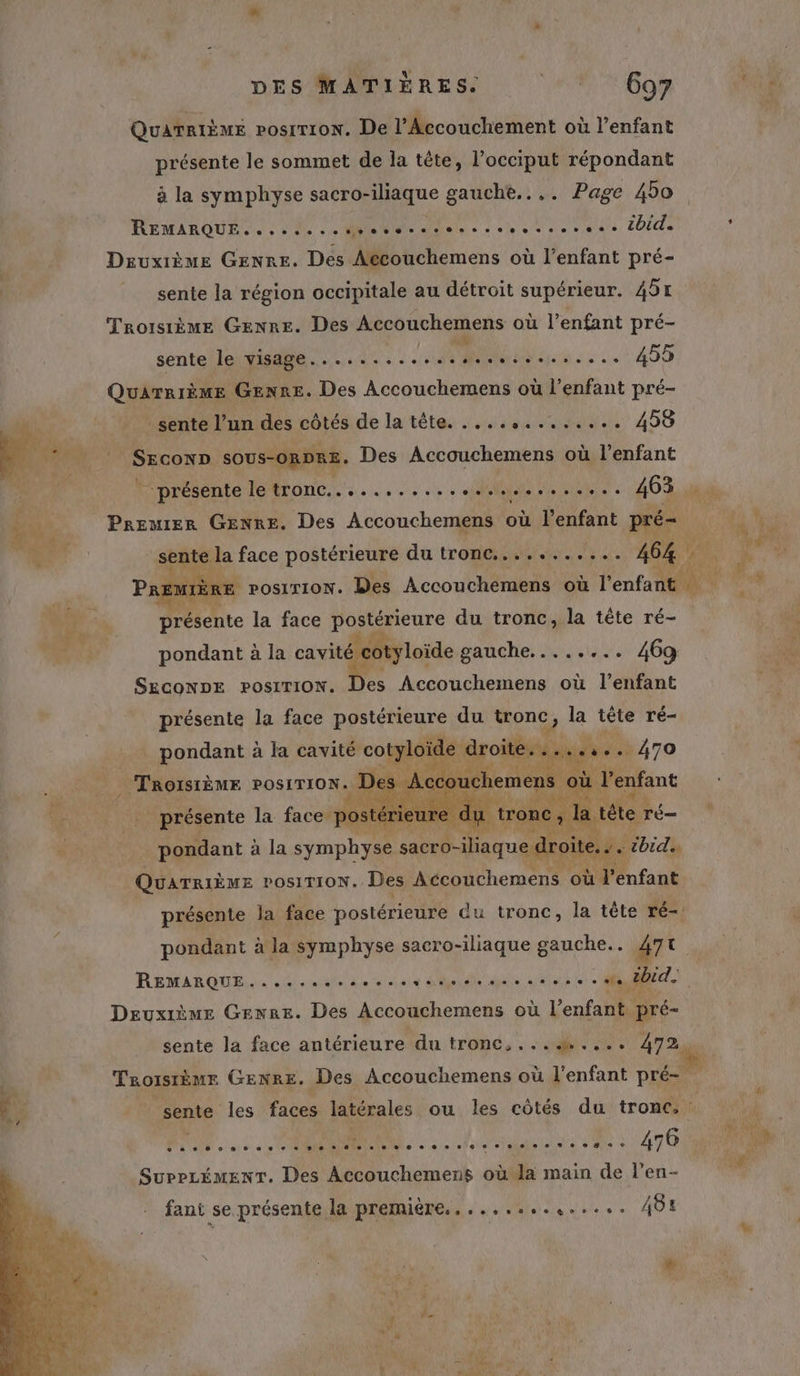 Quatrième posrrion. De l’Accouchement où l’enfant présente le sommet de la tête, l’occiput répondant à la symphyse sacro-iliaque gauche.... Page 430 REMARQUE. : « 20 , . Mranlee ain ol » 5 où 0 0 eo ,0 1010 ibid. Dzuxièue Genre. Des Aëcouchemens où l'enfant pré- sente la région occipitale au détroit supérieur. 451 Troisième GENRE. Des Accouchemens où l'enfant pré- sente le FU ANNEES | | | UPPRPES 455 Quarrième GENRE. Des Accouchemens où l'enfant pré- _sente l’un des côtés de la tête. ............. 458 SECOND SOUS-ORDRE, Des Accouchemens où l'enfant présente le tronc.............444.......: 463, Premier GENRE. Des Accouchemens où l'enfant pré- MÈRE rosirion. Des Accouchemens où l'enfant 1 Rte la face Ron ure du tronc, la tête ré- pondant à la cavité coty loïde gauche... ..... 469 S£coNpE posirioOn. Des je AGE où l'enfant présente la face postérieure du tronc, la tête ré- pondant à la cavité cotyloïde droite. ..... 470 _ TROISIÈME rosrriow, Des Ace an . La présente la face. postérier are dy pondant à la symphyse pee pe. sin) Didi QUATRIÈME POSITION. Des Accouchemens où l’enfant présente la face postérieure du tronc, la tête ré-: pondant à la symphyse sacro-iliaque gauche. 47t REMARQUE, 4. me de 2 a14 Ars le AUReEE Le: à ASE Deuxième Genre. Des Accouchemens où l'enfant pré- Troisrème Genre. Des Accouchemens où l'enfant pré- sente les faces latérales ou les côtés du tronc. : PE OS LU 06 SurrLÉMENT. Des Accouchemens ob main de l’en- fani se présente la première. ..,....4,..... 401 Ld