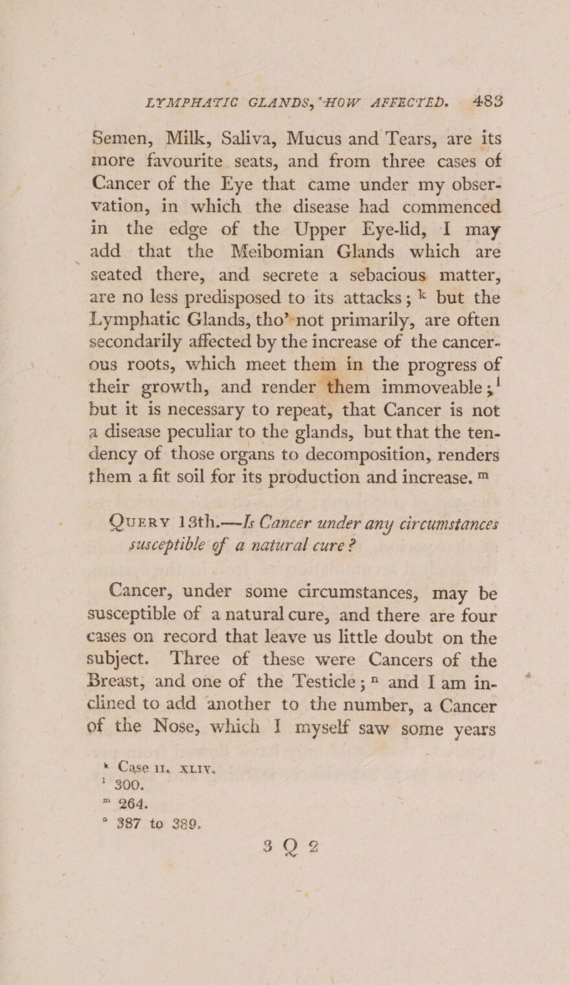 Semen, Milk, Saliva, Mucus and Tears, are its more favourite seats, and from three cases of Cancer of the Eye that came under my obser- vation, in which the disease had commenced in the edge of the Upper Eye-lid, I may add that the Meibomian Glands which are seated there, and secrete a sebacious matter, are no less predisposed to its attacks; * but the Lymphatic Glands, tho’-not primarily, are often secondarily affected by the increase of the cancer- ous roots, which meet them in the progress of their growth, and render them immoveable;! but it is necessary to repeat, that Cancer is not a disease peculiar to the glands, but that the ten- dency of those organs to decomposition, renders them a fit soil for its production and increase. ™ QueERY 13th.—Is Cancer under any circumstances susceptible of a natural cure ? Cancer, under some circumstances, may be susceptible of a naturalcure, and there are four cases on record that leave us little doubt on the subject. ‘Three of these were Cancers of the Breast, and one of the Testicle; ® and I am in- clined to add another to the number, a Cancer of the Nose, which I myself saw some years k Case 11, XLIV. * 300. * DG. * 387 to 389. 302