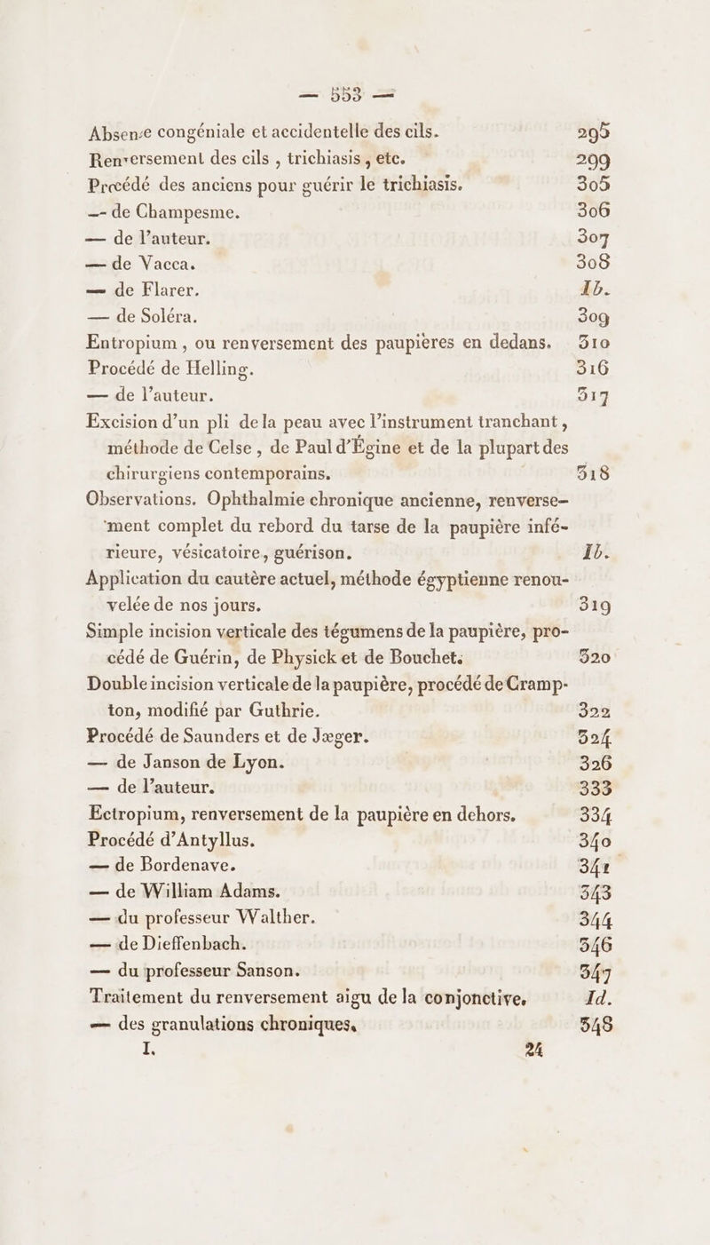 Absen-e congéniale et accidentelle des cils. Renversemeni des cils , trichiasis , etc. Procédé des anciens pour guérir le trichiasis. _- de Champesme. — de l’auteur. — de Vacca. — de Flarer. — de Soléra. Procédé de Helling. — de l’auteur. chirurgiens contemporains, rieure, vésicatoire, guérison. velée de nos jours. cédé de Guérin, de Physick et de Bouchet. ton, modifié par Guthrie. Procédé de Saunders et de Jæger. — de Janson de Lyon. — de l’auteur. Ectropium, renversement de la paupière en dehors. Procédé d’Antyllus. — de Bordenave. — de William Adams. — du professeur Walther. — de Dieffenbach. — du professeur Sanson. Traitement du renversement aigu de la conjonctive, — des granulations chroniques, 1h) 84 200 209 305 306 307 308 15. 30g 310 316 917 318 UR 319 320 322 3524 326 333 334 340 342 343 344 546 347 Id. 345