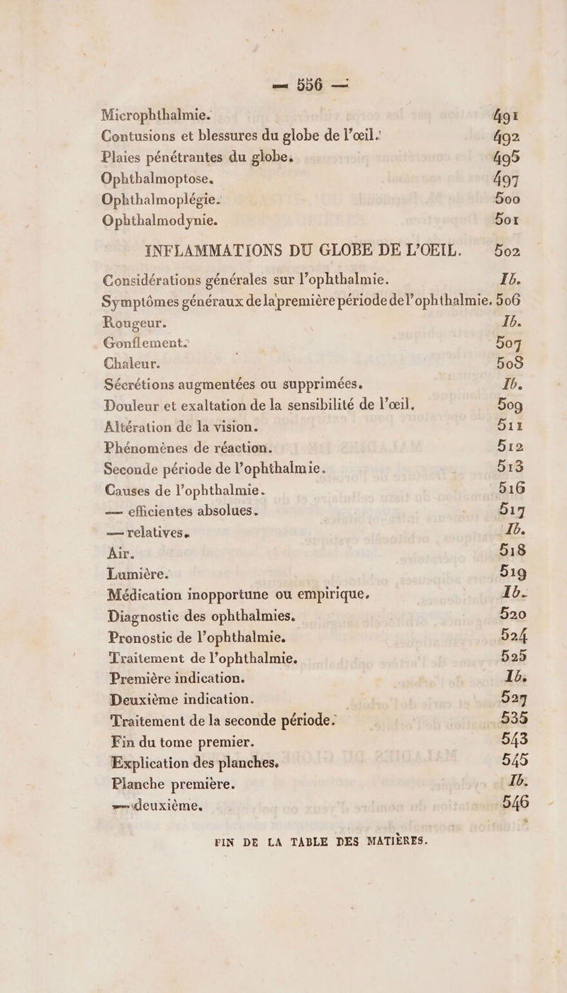 = 56 — Microphthalmie. Plaies pénétrantes du globe, Ophthalmoptose. Ophthalmoplégie. Ophthalmodynie. Rougeur. Gonflement: Chaleur. Sécrétions augmentées ou supprimées. Altération de la vision. Phénomènes de réaction. Seconde période de l’ophthalmie. Causes de l’ophthalmie. — efficientes absolues. — relatives. Air. Lumière. Médication inopportune ou empirique. Diagnostic des ophthalmies. Pronostic de l’ophthalmie. Traitement de l’ophthalmie. Première indication. Deuxième indication. Traitement de la seconde période. Fin du tome premier. Explication des planches. Planche premiere. deuxième. 49 492 495 497 5oa Sort Bo2 IG. 5oG 16. bo 5oS T6. Bog DIT Bi2 513 516 517 ‘Ib. 518 519 F2 520 524 525 15, Bon 535 543 545 Ib. 546