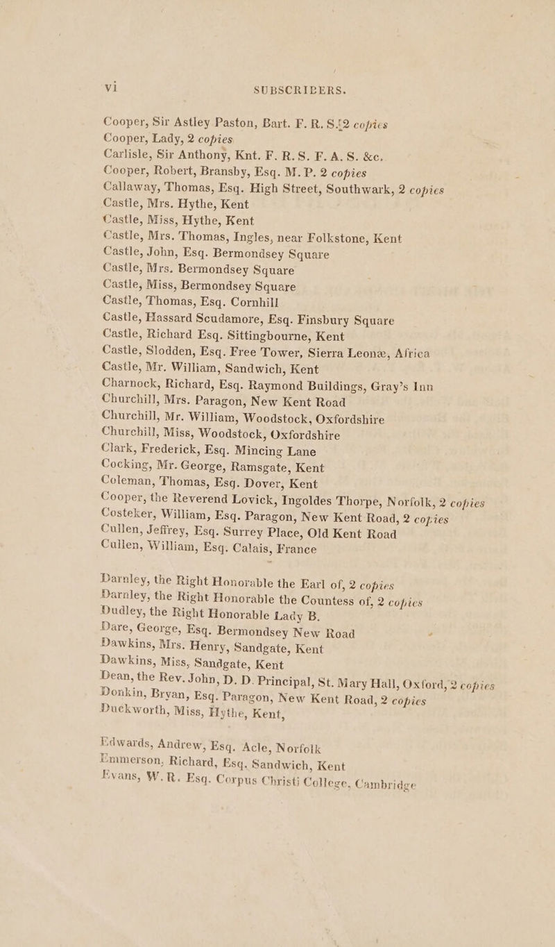 Cooper, Sir Astley Paston, Bart. F. R. 8.02 copies Cooper, Lady, 2 copies Carlisle, Sir Anthony, Knt. F.R.S. F.A.S. &amp;c. Cooper, Robert, Bransby, Esq. M. P. 2 copies Callaway, Thomas, Esq. High Street, Southwark, 2 copies Castle, Mrs. Hythe, Kent Castle, Miss, Hythe, Kent Castle, Mrs. Thomas, Ingles, near Folkstone, Kent Castle, John, Esq. Bermondsey Square Castle, Mrs. Bermondsey Square Castle, Miss, Bermondsey Square Castle, Thomas, Esq. Cornhill Castle, Hassard Scudamore, Esq. Finsbury Square Castle, Richard Esq. Sittingbourne, Kent Castle, Slodden, Esq. Free Tower, Sierra Leone, Africa Castle, Mr. William, Sandwich, Kent Charnock, Richard, Esq. Raymond Buildings, Gray’s Inn Churchill, Mrs, Paragon, New Kent Road Churchill, Mr. William, Woodstock, Oxfordshire Churchill, Miss, Woodstock, Oxfordshire Clark, Frederick, Esq. Mincing Lane Cocking, Mr. George, Ramsgate, Kent Coleman, Thomas, Esq. Dover, Kent Cooper, the Reverend Lovick, Ingoldes Thorpe, Norfolk, 2 copies Costeker, William, Esq. Paragon, New Kent Road, 2 copies Cullen, Jeffrey, Esq. Surrey Place, Old Kent Road Cullen, William, Esq. Calais, France Darnley, the Right Honorable the Earl of, 2 copies Darnley, the Right Honorable the Countess of, 2 copies Dudley, the Right Honorable Lady B. Dare, George, Esq. Bermondsey New Road : Dawkins, Mrs. Henry, Sandgate, Kent Dawkins, Miss, Sandgate, Kent Dean, the Rey. John, D. D. Principal, St. Mary Hall, Oxford, 2 copies Donkin, Bryan, Esq. Paragon, New Kent Road, 2 copies Duckworth, Miss, Hythe, Kent, Edwards, Andrew, Esq, Acle, Norfolk Emmerson, Richard, Esq. Sandwich, Kent Evans, W.R. Esq. Corpus Christi College, Cambridge
