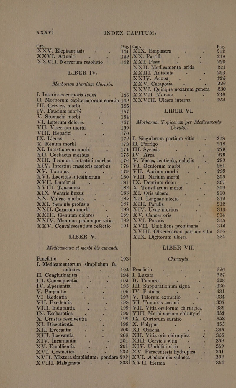 XXXvl Cap. XX V. Elepliantiasis XXVI. Attoniti . XXVII. Nervorum resolutio LIBER IV. Morborum Partium Curatio. I. Interiores corporis sedes III. Cervicis morbi IV. Faucium morbi V. Stomachi morbi VI. Laterum dolores VII. Viscerum morbi VIII. Hepatici IX. Lienosi X. Renum morbi XI. Intestinorum morbi XII. Coeliacus morbus XIII. Tenuioris intestini morbus XIV. Intestini crassioris morbus XV. Tormina : XVI. Laevitas intestinorum XVII. Lumbrici XVIII. Tenesmus XIX. Ventris fluxus XX. Vulvae morbus XXI. Seminis profusio XXII. Coxarum morbi XXIII. Genuum dolores XXIV. Manuum pedumque vitia XXV. Convalescentium refectio LIBER V. Praefatio cultates II. Conglutinantia . III. Concoquentia IV. Aperientia V. Purgantia VI. Rodentia : VII. Exedentia : VIII. Indurantia n IX. Escharotica X. Crustas resolventia XI. Discutientia XII. Evocantia : i XIII. Laevantia 4 XIV. Incarnantia XV. Emollientia XVI. Cosmetica XVIII. Malagmata 14l 142 142 149 155 157 164 167 169 170 172 173 174 175 176 178 179 180 181 182 183 185 187 188 189 189 19i 193 194 195 195 196 197 198 199 199 199 199 200 200 201 201 202 202 203 XIX. Emplastra XXI. Pessi XXII. Medicanienta arida XXIII. Antidota XXIV. Acopa XXV. Catapotia : XXVI. Quinque noxarum genera XXVII. Morsus * XXVIII. Ulcera interna LIBER VI. Pag. 212 218 220 221 223 225 226 230 249 255 Curatio. I. Singularum partium vitia II. Porrigo à III. Sycosis IV. Area , V. Varus, lenticula, ephelis VI. Oculorum morbi : VII. Aurium morbi VIII. Narium morbi IX. Dentium dolor X. Tonsillarum morbi XI. Oris ulcera XII. Linguae ulcera XIII. Parulis XIV. Uvae morbus XV. Cancer oris XVI. Parotis : XVII. Umbilicus prominens XIX. Digitorum ulcera LIBER VII. Chirurgia. Praefatio I. Luxata Il. Tumores IIL Suppurationum signa IV. Fistulae : V. Telorum extractio VI. Tumores saccati VII. Vitia oculorum chirurgica VIII. Morbi aurium chirurgici IX. Curtorum curatio . X. Polypus XI. Ozaena XII. Vitia oris chirurgica XIII. Cervicis vitia XIV. Umbilici vitia X V. Paracentesis hydropica XVI. Abdominis vulnera XVII, Hernia 278 279 219 280 281 299 305 307 309 310 312 312 313 314 315 316 316 324 326 321 328 330 33I 334 337 339 352 353 355 355 355 359 359 361 362 364