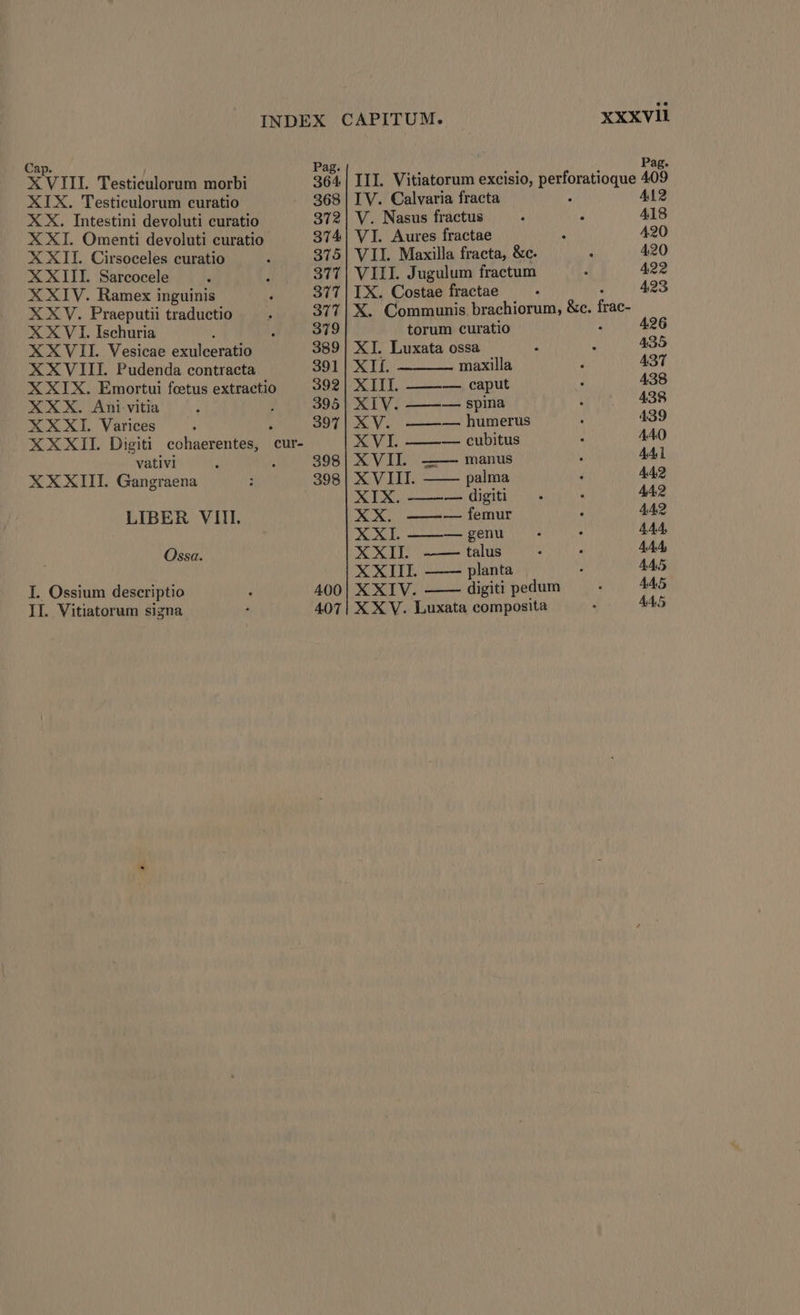 XIX. Testiculorum curatio XXII. Cirsoceles curatio XXIII. Sarcocele XXIV. Ramex inguinis X XV. Praeputii traductio XXVI. Ischuria XXX. Ani vitia XXXI. Varices vativi XXXIII. Gangraena Ossa. I. Ossium descriptio II. Vitiatorum signa cur- xxxvll ag Pag. 364 III. Vitiatorum excisio, perforatioque 409 368 | IV. Calvaria fracta : 412 372| V. Nasus fractus 418 374| VI. Aures fractae 4920 375| VII. Maxilla fracta, &amp;c- 420 377| VIII. Jugulum fractum 422 371 | IX. Costae fractae 423 371| X. Communis brachiorum, &amp;c. (ic. 379 torum curatio ; 426 389| XI. Luxata ossa 435 391 | XII. maxilla 431 392 XIII. ——-— caput 438 395| XIV. ——-—— spina 438 307 X VL. o — hümerus 439 XVL .——— cubitus 440 398| XVII. ——- manus 441 398 | XVIII. palma 442 SCUX LU see cas, Cgil 442 XX. -—— femur 442 XXI. ——— genu 444. XXII. ——- talus 444, XXIII. planta 445 400| X XIV. digiti pedum 445 407| X XV. Luxata composita 445