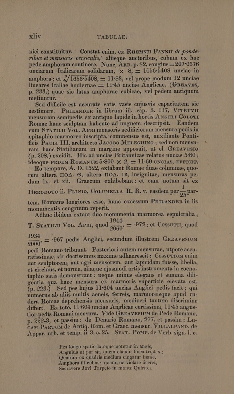 nici constituitur. — Constat enim, ex RugMNr1 FaxNrr de ponde- ribus et mensuris versiculis? aliisque auctoribus, cubum ex hoe pede amphoram continere. Nunc, Ans. p. 82, congius —207:0676 unciarum Italicarum solidarum, x 8, — 1656:5408 unciae in amphora ; et E 1656-5408, — 11:883, vel prope modum 12 unciae lineares Italiae hodiernae — 11:45 unciae Anglicae, (GREAvzs, p. 233,) quae sic latus amphorae cubicae, vel pedem antiquum metiuntur. Sed difficile est accurate satis vasis cujusvis capacitatem sic aestimare. PHILANDER in librum iii. cap. 3. 117, VrrRuvir mensuram semipedis ex antiquo lapide in hortis ANGEL: CoroTI Romae hane sculptam habente ad unguem descripsit. Eandem cum STATILII Vor. APRI mensoris aedificiorum mensura pedis in epitaphio marmoreo inscripta, commensus est, auxiliante Ponti- ficis PAvr:I III. architecto JaAcoBo MELEGuiNoO ; sed non mensu- ram hane Statilianam in margine apposuit, ut cl. GREAVESIO (p. 208.) excidit. Hic ad uncias Britannicas relatus uncias 5:80 ; ideoque PEDEM RowaANUM 5:800 x 2, — 11:60 uxc1as, ErFiCIT. Eo tempore, À. D. 1522, extabant Romae duae columnae, quo- rum altera I1OA. O, altera HOA. IB, insignitae, mensuras pe- dum ix. et xii. Graecum exhibebant; et cum notum sit ex HaRoDoro ii. PLiNI0, ConuMELLA K. R. v. easdem per 95 Par- tem, Romanis longiores esse, hunc excessum PnILANDER in iis monumentis congruum reperit. Adhuc ibidem extant duo monumenta marmorea sepulcralia ; 1944. T. SrATILU Vor. ÁPnRi, quod 2060 ^ :972; et CossuTmIT, quod 1934 2000 pedi Romano tribuunt. Posteriori autem mensurae, utpote accu- ratissimae, vir doctissimus maxime adhaereseit: CossuTIUM enim aut sculptorem, aut agri mensorem, aut lapicidam fuisse, libella, et cireinus, et norma, aliaque ejusmodi artis instrumenta in coeno- taphio satis demonstrant: neque minus elegans et summa dili- entia qua haec mensura ex marmoris superficie elevata est. (p. 993.) Sed pes hujus 11-604 uncias Anglici pedis facit ; qui numerus ab aliis multis aeneis, ferreis, marmoreisque apud ru- dera Romae deprehensis mensuris, mediocri tantum diserimine differt. Extoto, 11-604 unciae Anglicae certissima, 11:45 angus- tior pedis Romani mensura. Vide GnEAvEsrUM de Pede Romano, p. 222-3, et passim: de Denario Romano, 277, et passim : Lu- CAM PaxrTuM de Antiq. Kom. et Graec. mensur. VILLALPAND. de Appar. urb. et temp. 11.3. c. 25. SExT. Powr. de Verb. sign. 1l. c. es 967 pedis Anglici, seeundum illustrem GREAvESIUM Pes longo spatio latoque notetur in anglo, Angulus ut par sit, quem claudit linea triplex ; Quatuor ex quadris medium cingatur inane. Amphora fit cubus; quam, ne violare liceret, Sacravere Jovi Tarpeio in monte Quirite:.