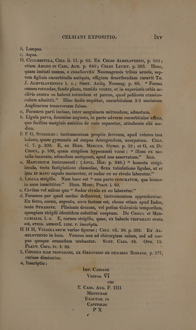 CELSIANI EXPOSITIO. .]xv 5, Lampas. €, Aqua. D, CucunnrTULA, CELs. ii. 11. p. 65. Ex CELso ALMELOVEENIL, p. 562 ; etiam AMANO IN CAEL. AuR. p. 640; CzrLso LucHT. p. 583. Hanc, quam imitati sumus, e cimeliarchii Neomagensis tribus aeneis, sep- tem figlinis cucurbitulis antiquis, effiviem describendam curavit Tn. J. ALMVELOVEENIUS l. c.; SuET. Antiq. Neomag. p. 80. * Forma omnes rotundae, fundo plano, tumido ventre, et in superioris orbis ac- clivis centro os habent rotundum et patens, quod pollicem crassius- culum admittit. Hinc facile sequitur, cucurbitulam 3:3 unciarum Anglicarum transversam fuisse. a, Foramen parti incisae, inter sanguinem mittendum, admotum. b, Ligula parva, foramine angusto, in parte adversa cucurbitulae affixa, quo facilius marginis ambitus de cute separetur, attrahente sibi me- dico. E F G, SrnzierpEs : instrumentum proprie ferreum, apud veteres tam balneo, quam gymnasio ad corpus detergendum, usurpatum. C&amp;Ers. vi 7. p. 300. E, ex HrEm. Mzncux. Gymn. p. 32; et G, ex Du CHOUL, p. 100, quam strigilem hypocausti vocat: * illum ex me- tallo inaurato, admodum antiquum, apud nos asservatum. gm. —— 4, MANUBRIUM instrumenti: (APuL. Hor. p. 346.) * honesta strigi- lecula, tecta fastigiatione clausulae, flexa tubulatione ligulae, ut et 1psa IN MANU capulo moraretur, et sudor ex eo rivulo laberetur. ó, LiGULA strigilis. Nam haec est ** una parte coNcHATUM, qua humor in aure immittitur.' Hign. Mznc. Pract. i. 40. €, Cavitas vel suleus quo * Sudor rivulo ex eo laberetur. d, Foramen per quod sordes defluerent, instrumentum appenderetur. Ex ferro, cornu, argento, auro factum est, ebeno etiam apud Indos, teste STRABONE. Plinianis demum, vel potius Galenicis temporibus, spongiam strigili identidem substitui coeptum. Du Cnour et Mzn- CURIALIS, l. c. E, cornea strigilis, quae, ex balneis vEsPASIANI eruta est, SPRIG. AMMONL. LIBE. F. inscripta. H H H, VurssLLARUM variae firurae; Ckrs. vii. 98. p. 392. Ex Ar- MELOVEENIO inloco. Veteres non ad chirurgiam solam, sed ad cor- pus quoque ornandum utebantur. SuET. CaEs. 24. Omm. 13. Pravr. Curc. iv. 4. 20. - 1, Cowarus rLLE VESPASIANI, EX GREAVESIO DE DENARIO. ROMANO, n? curiose diminutus, a, Inscriptio ; IwP. CaEsAnE VrsPAs. VÍ COS T. Cazs. Auc. F. IIII MENSURAE EXACTAE. IN CAPITOLIO , PX
