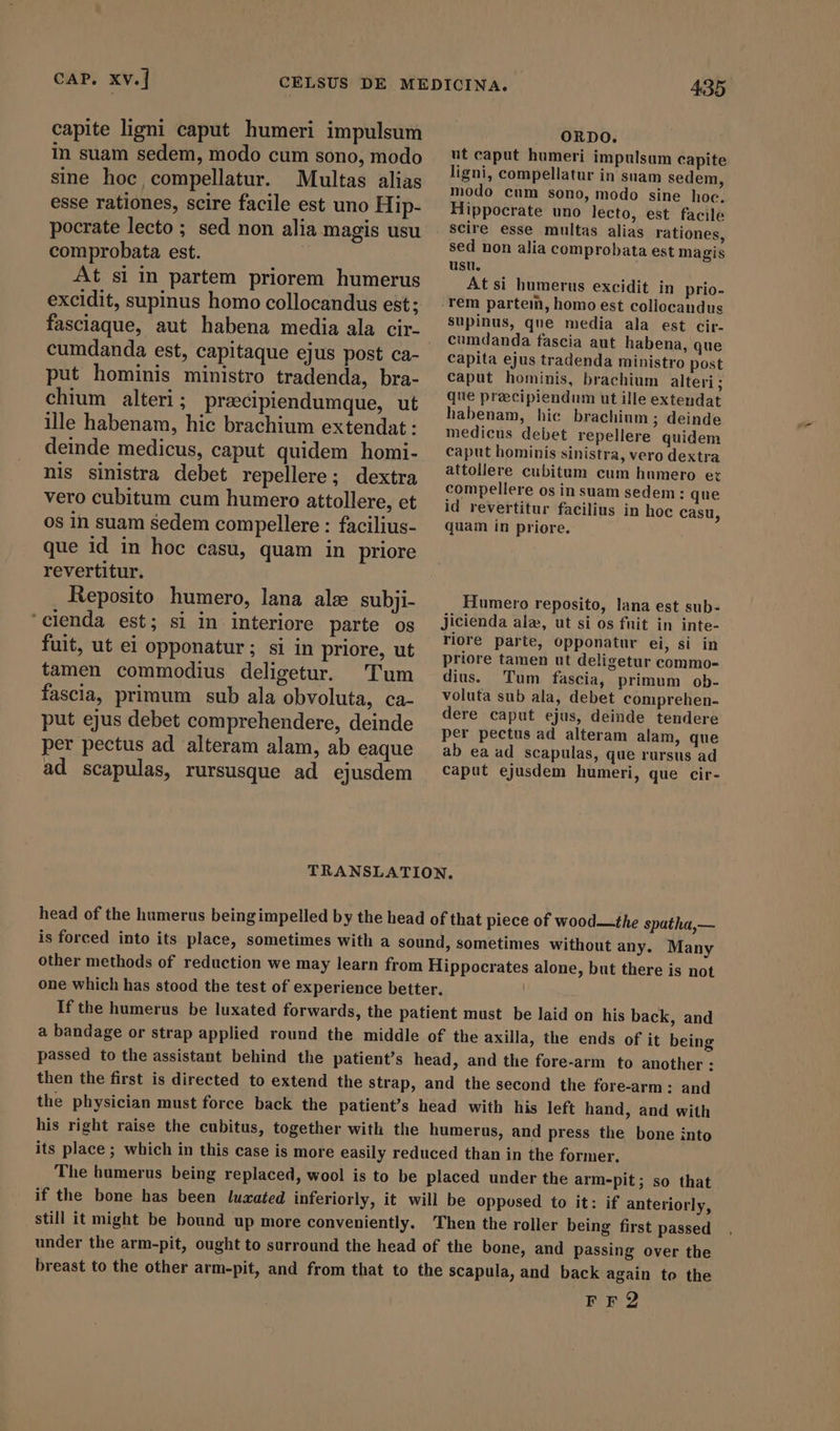 capite ligni caput humeri impulsum in suam sedem, modo cum sono, modo sine hoc compellatur. Multas alias esse rationes, scire facile est uno Hip- pocrate lecto ; sed non alia magis usu comprobata est. At si in partem priorem humerus excidit, supinus homo collocandus est; cumdanda est, capitaque ejus post ca- put hominis ministro tradenda, bra- chium alteri ; pracipiendumque, ut ille habenam, hic brachium extendat : deinde medicus, caput quidem homi- nis sinistra debet repellere; dextra vero cubitum cum humero attollere, et os in suam sedem compellere : facilius- que id in hoc casu, quam in priore revertitur. Reposito humero, lana ale subji- ‘cienda est; si in interiore parte os fuit, ut ei opponatur; si in priore, ut tamen commodius deligetur. Tum fascia, primum sub ala obvoluta, ca- put ejus debet comprehendere, deinde per pectus ad alteram alam, ab eaque ad scapulas, rursusque ad ejusdem 435 ORDO. ut caput humeri impulsum capite ligni, compellatur in suam sedem, modo cum sono, modo sine hoc. Hippocrate uno lecto, est facile sed non alia comprobata est magis usu. Atsi humerus excidit in prio- supinus, que media ala est cir- cumdanda fascia aut habena, que capita ejus tradenda ministro post caput hominis, brachium alteri ; que precipiendum ut ille extendat habenam, hic brachium ; deinde medicus debet repellere quidem caput hominis sinistra, vero dextra attollere cubitum cum humero et compellere os in suam sedem : que id revertitur facilius in hoc casu * . a quam in priore. Humero reposito, lana est sub- jicienda alae, ut si os fnit in inte- riore parte, opponatur ei, si in priore tamen ut deligetur commo- dius. Tum fascia, primum ob- voluta sub ala, debet comprehen- dere caput ejus, deinde tendere per pectus ad alteram alam, que ab ea ad scapulas, que rursus ad caput ejusdem humeri, que cir- head of the humerus beingimpelled by the head of that piece of wood—the spatha,— is forced into its place, sometimes with a sound, sometimes without any. Many other methods of reduction we may learn from Hippocrates alone, but there is not one which has stood the test of experience better. | : If the humerus be luxated forwards, the patient must be laid on his back, and a bandage or strap applied round the middle of the axilla, the ends of it being passed to the assistant behind the patient’s head, and the fore-arm to another : then the first is directed to extend the strap, and the second the fore-arm : and the physician must force back the patient's head with his left hand, and with his right raise the cubitus, together with the humerus, and press the bone into its place ; which in this case is more easily reduced than in the former. The humerus being replaced, wool is to be placed under the arm-pit; so that if the bone has been luxated inferiorly, it will be opposed to it: if anteriorly, still it might be bound up more conveniently. Then the roller being first passed under the arm-pit, ought to surround the head of the bone, and passing over the breast to the other arm-pit, and from that to the scapula, and back again to the Bree?