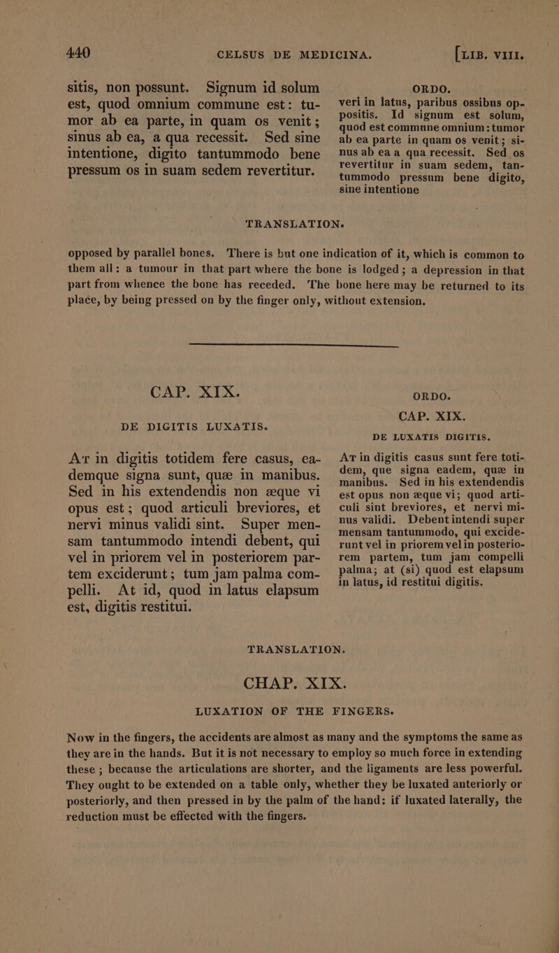 sitis, non possunt. Signum id solum est, quod omnium commune est: tu- mor ab ea parte, in quam os venit ; sinus ab ea, a qua recessit. Sed sine intentione, digito tantummodo bene pressum os in suam sedem revertitur. [r1s. vin. ORDO. veri in latus, paribus ossibus op- positis. Id signum est solum, quod est commune omnium: tumor ab ea parte in quam os venit; si- nus ab ea a qua recessit. Sed os revertitur in suam sedem, tan- tummodo pressum bene digito, sine intentione opposed by parallel bones. part from whence the bone has receded. CAP. XIX. DE DIGITIS LUXATIS. Ar in digitis totidem fere casus, ea- demque signa sunt, que in manibus. Sed in his extendendis non sque vi opus est; quod articuli breviores, et nervi minus validi sint. Super men- sam tantummodo intendi debent, qui vel in priorem vel in posteriorem par- tem exciderunt; tum jam palma com- ORDO. CAP. XIX. DE LUXATIS DIGITIS. AT in digitis casus sunt fere toti- dem, que signa eadem, que in manibus. Sed in his extendendis est opus non æque vi; quod arti- culi sint breviores, et nervi mi- nus validi. Debentintendi super mensam tantummodo, qui excide- runt vel in priorem velin posterio- rem partem, tum jam compelli palma; at (si) quod est elapsum in latus, id restitui digitis. pelli. At id, quod in latus elapsum est, digitis restitui. TRANSLATION. CHAP. XIX. Now in the fingers, the accidents are almost as many and the symptoms the same as they arein the hands. But it is not necessary to employ so much force in extending these ; because the articulations are shorter, and the ligaments are less powerful. They ought to be extended on a table only, whether they be luxated anteriorly or posteriorly, and then pressed in by the palm of the hand: if luxated laterally, the reduction must be effected with the fingers.