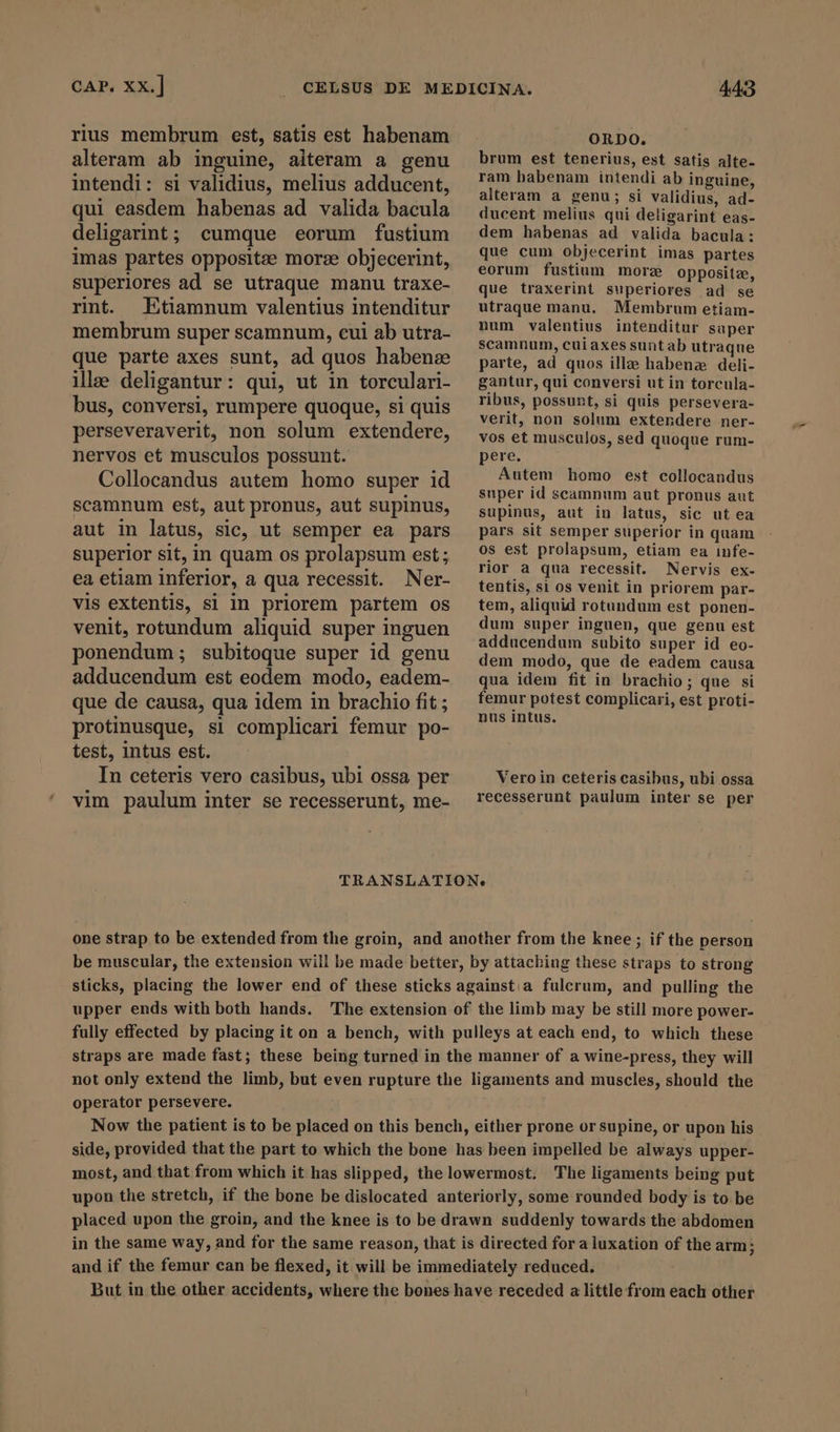 rius membrum est, satis est habenam alteram ab inguine, aiteram a genu intendi: si validius, melius adducent, qui easdem habenas ad valida bacula deligarint; cumque eorum fustium imas partes opposite morze objecerint, superiores ad se utraque manu traxe- rint. Etiamnum valentius intenditur membrum super scamnum, cui ab utra- que parte axes sunt, ad quos habenz ille deligantur: qui, ut in torculari- bus, conversi, rumpere quoque, si quis perseveraverit, non solum extendere, nervos et musculos possunt. Collocandus autem homo super id scamnum est, aut pronus, aut supinus, aut in latus, sic, ut semper ea pars superior sit, in quam os prolapsum est; ea etiam inferior, a qua recessit. Ner- vis extentis, si in priorem partem os venit, rotundum aliquid super inguen ponendum; subitoque super id genu adducendum est eodem modo, eadem- que de causa, qua idem in brachio fit ; protinusque, si complicari femur po- test, intus est. In ceteris vero casibus, ubi ossa per vim paulum inter se recesserunt, me- ORDO. brum est tenerius, est satis alte- ram babenam intendi ab inguine, alteram a genu; si validius, ad- ducent melius qui deligarint eas- dem habenas ad valida bacula: que cum objecerint imas partes eorum fustium more opposite, que traxerint superiores ad se utraque manu. Membrum etiam- num valentius intenditur saper scamnum, cuiaxes sunt ab utraque parte, ad quos ille habena deli- gantur, qui conversi ut in torcula- ribus, possunt, si quis persevera- verit, non solum extendere ner- vos et musculos, sed quoque rum- pere. Autem homo est collocandus snper id scamnum aut pronus aut supinus, aut in latus, sic ut ea pars sit semper superior in quam os est prolapsum, etiam ea infe- rior a qua recessit. Nervis ex- tentis, si os venit in priorem par- tem, aliquid rotundum est ponen- dum super inguen, que genu est adducendum subito super id eo- dem modo, que de eadem causa qua idem fit in brachio; que si femur potest complicari, est proti- nus intus. Vero in ceteris casibus, ubi ossa recesserunt paulum inter se per one strap to be extended from the groin, and another from the knee ; if the person be muscular, the extension will be made better, by attaching these straps to strong sticks, placing the lower end of these sticks against.a fulcrum, and pulling the upper ends with both hands. The extension of the limb may be still more power- fully effected by placing it on a bench, with pulleys at each end, to which these straps are made fast; these being turned in the manner of a wine-press, they will not only extend the limb, but even rupture the ligaments and muscles, should the operator persevere. Now the patient is to be placed on this bench, either prone or supine, or upon his side, provided that the part to which the bone has been impelled be always upper- most, and that from which it has slipped, thelowermost. The ligaments being put upon the stretch, if the bone be dislocated anteriorly, some rounded body is to be placed upon the groin, and the knee is to be drawn suddenly towards the abdomen in the same way, and for the same reason, that is directed for a luxation of the arm; and if the femur can be flexed, it will be immediately reduced. But in the other accidents, where the bones have receded a little from each other