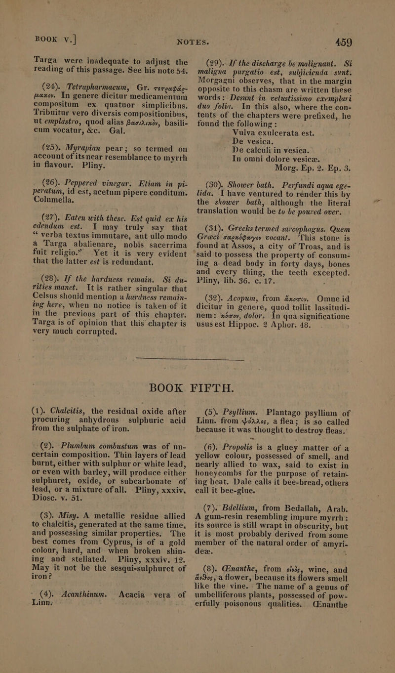 Targa were inadequate to adjust the reading of this passage. See his note 54. (24). Tetrapharmacum, Gr. TET eUPse- gazo. In genere dicitur medicamentum compositum ex quatuor simplicibus. Tribuitur vero diversis compositionibus, ut emplastro, quod alias Bzeixixóv, basili- cum vocatur, &amp;c. Gal. (25). Myrapian pear; so termed on account of itsnear resemblance to myrrh in flavour. Pliny. (26). Peppered vinegar. Etiam in pi- peratum, id est, acetum pipere conditum. Columella, (27), Eaten with these. Est quid ex his edendum est. I may truly say that * verba textus immutare, aut ullo modo à Targa abalienare, nobis sacerrima fuit religio. Yet it is very evident that the latter est is redundant. (28). If the hardness remain. Si du- rities manet. It is rather singular that Celsus shouid mention a hardness remain- ing here, when no notice is taken of it in the previous part of this chapter. Targa is of opinion that this chapter is very much corrupted. 459 (29). If the discharge be malignant. Si maligna purgatio. est, suljicienda sunt. Morgagni observes, that in the margin opposite to this chasm are written these - words: Desunt in velustissimo exemplari duo folia. In this also, where the con- tents of the chapters were prefixed, he found the following : Vulva exulcerata est. De vesica. De calculi in vesica. In omni dolore vesica. | Morg. Ep. 2. Ep. 3. (30). Shower bath. Perfundi aqua ege- lida. I have ventured to render this by the shower bath, although the literal translation would be £o be poured over. (31). Greeks termed sarcophagus. Quem Greci cugnoparyoy vocant. ‘This stone is found at Assos, a city of Troas, and is ing a. dead body in forty days, bones and every thing, the teeth excepted. Pliny, lib. 36. c. 17. (32). Acopum, from xoro Omne id dicitur in genere, quod tollit lassitudi- nem: xórov, dolor. In qua significatione usus est Hippoc. 2 Aphor. 48. (1). Chalcitis, the residual oxide after procuring anhydrous sulphuric acid from the sulphate of iron. (2). Plumbum combustum was of un- certain composition. Thin layers of lead burnt, either with sulphur or white lead, or even with barley, will produce either sulphuret, oxide, or subcarbonate of lead, or a mixture ofall. Pliny, xxxiv. Diosc. v. 51. (3). Misy. A. metallic residue allied to chalcitis, generated at the same time, and possessing similar properties. The best comes from Cyprus, is of a gold colour, hard, and. when broken shin- ing and stellated. Pliny, xxxiv. 12. May it not be the sesqui-sulphuret of iron? (4). Acanthinum. Acacia vera of (5) Psyllium. Plantago psyllium of Linn. from 4j/AXo;, a flea; is so called because it was thought to destroy fleas, (6). Propolis is a gluey matter of a yellow colour, possessed of smell, and nearly allied to wax, said to exist in honeycombs for the purpose of retain- ing heat. Dale calls it bee-bread, others call it bee-glue. (7). Bdellium, from Bedallah, Arab. A gum-resin resembling impure myrrh: its source is still wrapt in obscurity, but it is most probably derived from some member of the natural order of amyri- dez. i (8). Œnanthe, from ^i, wine, and avdos, a flower, because its flowers smell like the vine. The name of a genus of umbelliferous plants, possessed of pow- erfully poisonous qualities... CEnanthe