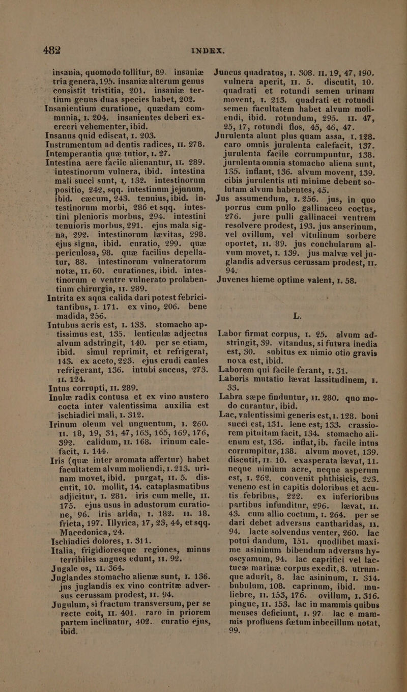 insania, quomodo tollitur, 89. insaniz tria genera, 195. insani: alterum genus consistit tristitia, 201. insanie ter- tium genus duas species habet, 202. Insanientium curatione, quzdam com- munià, I. 204. insanientes deberi ex- erceri vehementer, ibid. Insanus quid ediscat, 1. 203. Instrumentum ad dentis radices, 11. 278. Intemperantia que tutior, I. 27. Intestina aere facile alienantur, 1t. 289. : intestinorum vulnera, ibid. intestina mali succi sunt, x. 132. intestinorum positio, 242, sqq. intestinum jejunum, ibid. caecum, 243. tenuius,ibid. in- testinorum morbi, 286 etsqq. intes- tini plenioris morbus, 294. intestini tenuioris morbus, 291.. ejus mala sig- “na, 292. intestinorum levitas, 298. ejus signa, ibid. curatio, 299. quz periculosa, 98. quæ facilius depella- tur, 88. intestinorum vulneratorum note, 11.60. curationes, ibid. intes- tinorum e ventre vulnerato prolaben- tium chirurgia, 11. 289. Intrita ex aqua calida dari potest febrici- tantibus, I. 171. ex vino, 206. bene madida, 256. Tntubus acris est, 1. 133. stomacho ap- tissimus est, 135. lenticule adjectus alvum adstringit, 140. per se etiam, ibid. simul reprimit, et refrigerat, 143. ex aceto, 223. ejus crudi caules refrigerant, 136. intubi succus, 273. II. 124. Intus corrupti, 11. 289. Inule radix contusa et ex vino austero cocta inter valentissima auxilia est ischiadici mali, 1. 312. ‘Jrinum oleum vel unguentum, 31. 260. It. 18, 19, 31, 47, 163, 165, 169, 176, 392. calidum, 1r. 168. irinum cale- facit, 1. 144. Iris (que inter aromata affertur) habet facultatem alvum moliendi, r. 213. uri- nam movet, ibid. purgat, 1r. 5. dis- cutit, 10. mollit, 14. cataplasmatibus adjicitur, 1. 281. iris cum melle, rr. 175. ejus usus in adustorum curatio- ne, 96. iris arida, 1, 182. rr. 18. fricta, 197. Illyrica, 17, 23, 44, et sqq. Macedonica, 24. Ischiadici dolores, 1. 311. Italia, frigidioresque regiones, minus terribiles angues edunt, H. 92. Jugale os, 11. 364. —— Juglandes stomacho alienze sunt, 1. 136. jus juglandis ex vino contritze adver- sus cerussam prodest, 11. 94. Jugulum, si fractum transversum, per se recte coit, 11. 401. raro in priorem partem inclinatur, 402.. curatio ejus, ibid. Juncus quadratus, 1. 308. r1. 19, 47, 190, vulnera aperit, 11. 5. discutit, 10. quadrati et rotundi semen urinam movent, 1. 213. quadrati et rotundi semen facultatem habet alvum moli- endi, ibid. rotundum, 295. 11. 47, 25, 17, rotundi flos, 45, 46, 47. Jurulenta alunt plus quam assa, 1.128. caro omnis jurulenta calefacit, 137. jurulenta facile corrumpuntur, 138. jurulenta omnia stomacho aliena sunt, 155. inflant, 136. alvum movent, 139. cibis jurulentis nti minime debent so- lutam alvum habentes, 45. Jus assumendum, r.256.. jus, in quo porrus cum pullo gallinaceo coctus, 276. jure pulli gallinacei. ventrem resolvere prodest, 193. jus anserinum, vel ovillum, vel vitulinum sorbere oportet, 1r. 89. jus conchularum al- vum movet, I. 139. . jus malvz vel ju- glandis adversus cerussam prodest, rr. 94. i Juvenes hieme optime valent, 1. 58. L. Labor firmat corpus, r. 25. alvum ad- stringit, 39. vitandus, si futura inedia est, 90. subitus ex nimio otio gravis noxa est, ibid. Laborem qui facile ferant, 1. 31. Laboris mutatio levat lassitudinem, 1. 33. Labra sepe finduntur, 11. 280. quo mo- do curantur, ibid; Lac, valentissimi generis est,1. 128. boni succi est, 131. lene est; 133. crassio- rem pituitam facit, 134. stomacho ali- enum est, 136. inflat,ib. facile intus corrumpitur,138. alvum movet, 139, discutit, rz. 10. exasperata levat, 11. neque nimium acre, neque asperum est, I. 262, couvenit phthisicis, 223. veneno est in capitis doloribus et acu- tis febribus, 222. ex inferioribus partibus infunditur, 296. levat, rr. 43. cum allio coctum, 1. 264. per se dari debet adversus cantharidas, 1x. potui dandum, 151. quodlibet maxi- me asininum bibendum adversus hy- oscyamum, 94. lac caprifici vel lac- tucz marine corpus exedit,8. utrum- que adurit, 8. lac asininum, I. 314. bubulum, 108. caprinum, ibid. mu- liebre, 11. 153, 176.. ovillum, 1. 316. pingue, 11. 153, lac in mammis quibus menses deficiunt, 1. 97. lac e mam- mis profluens fætum inbecillum notat, 99.