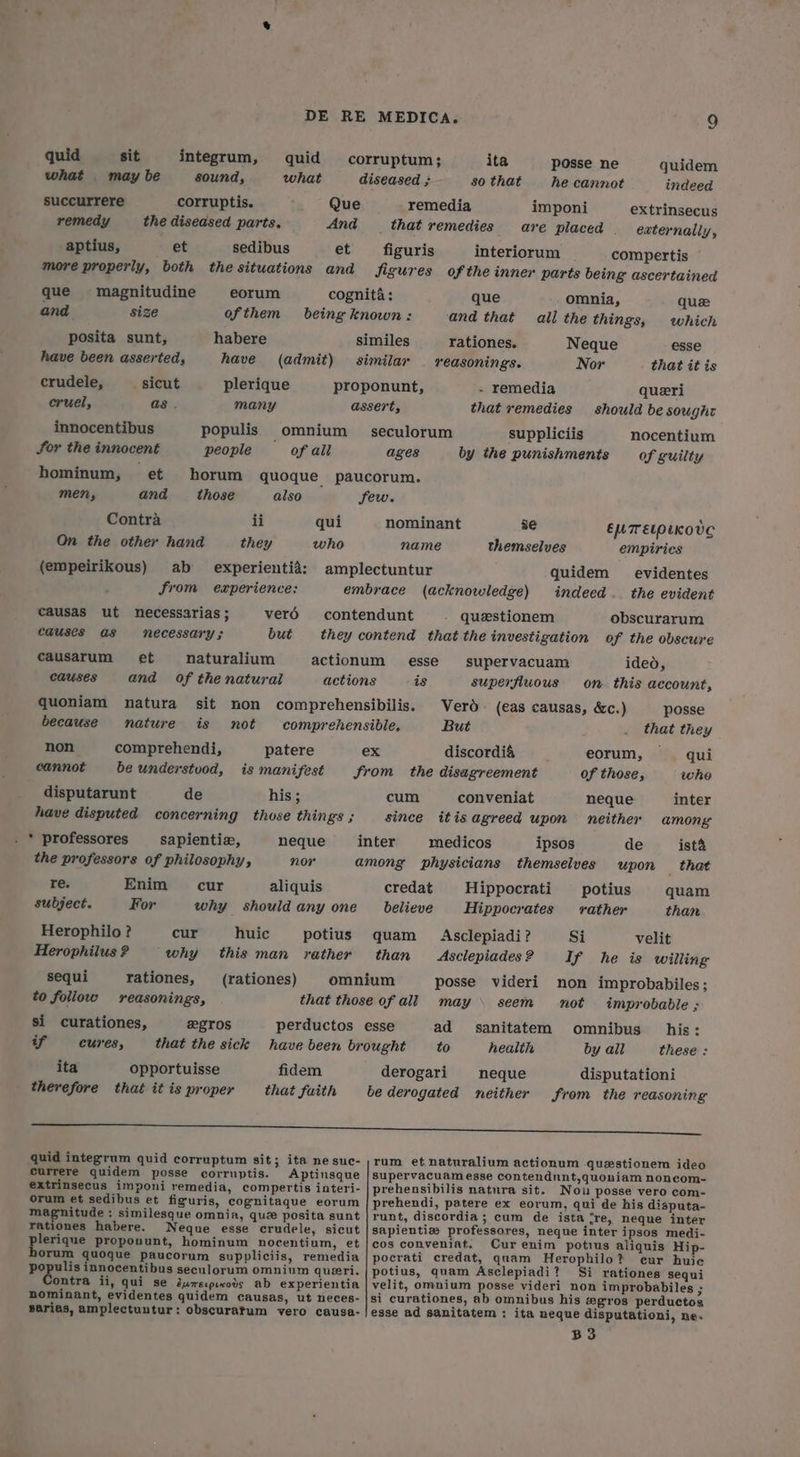 quid sit integrum, quid corruptum; ita posse ne quidem what . may be sound, what diseased ; so that he cannot indeed succurrere corruptis. Que remedia imponi extrinsecus remedy the diseased parts. And that remedies are placed | externally, aptius, et sedibus et _ figuris interiorum compertis more properly, both the situations and Sigures of the inner parts being ascertained que magnitudine eorum cognita: que omnia, que and size ofthem being known: and that all the things, which posita sunt, habere similes rationes. Neque esse have been asserted, have (admit) similar — reasonings. Nor that it is crudele, __ sicut plerique proponunt, - remedia queri cruel, as. many assert, that remedies should be sought innocentibus populis omnium seculorum suppliciis nocentium Sor the innocent people of all ages by the punishments of guilty hominum, et horum quoque paucorum. men, and those also Sew. Contra ii qui nominant se EUTrEetorKove On the other hand they who name themselves empirics (empeirikous) ab experientié: amplectuntur quidem _ evidentes from experience: embrace (acknowledge) indeed. the evident causas ut necessarias; verd contendunt - Queestionem obscurarum causes as necessary; but they contend that the investigation of the obscure causarum~_ et naturalium actionum esse supervacuam ideo, causes and of the natural actions is superfluous on. this account, quoniam natura sit non comprehensibilis. Vero (eas causas, &amp;c.) posse because nature is not comprehensible, But . that they non comprehendi, patere ex discordia eorum, qui eannot be understvod, is manifest from the disagreement of those, whe disputarunt de his ; cum conveniat neque inter have disputed concerning those things ; since itisagreed upon neither among . * professores sapientia, neque inter medicos ipsos de ist® the professors of philosophy, nor among physicians themselves upon _ that re. Enim cur aliquis credat Hippocrati _ potius quam subject. For why should any one believe Hippocrates rather than Herophilo? cur huic potius quam Asclepiadi? Si velit Herophilus ? why this man rather than Asclepiades? If he is willing sequi rationes, (rationes) omnium posse videri non improbabiles; to follow reasonings, that those of all may seem mot improbable ; si curationes, #gTos perductos esse ad sanitatem omnibus his: if cures, that the sick have been brought to health by all these : ita opportuisse fidem derogari neque disputationi therefore that it is proper that faith be derogated neither from the reasoning a quid integrum quid corruptum sit; ita nesuc- ; rum et naturalium actionum questionem ideo eurrere quidem posse corruptis. Aptinsque sSupervacuamesse contendunt,quoniam noncom- extrinsecus imponi remedia, compertis interi- prehensibilis natura sit. Nou posse vero com- orum et sedibus et figuris, cognitaque eorum prehendi, patere ex eorum, qui de his disputa- magnitude : similesque omnia, que posita sunt | runt, discordia; cum de ista cre, neque inter rationes habere. Neque esse crudele, sicut sapientie professores, neque inter ipsos medi- pines propouunt, hominum nocentium, et |cos conveniat. Cur enim potius aliquis Hip- orum quoque paucorum suppliciis, remedia | pocrati credat, quam Herophilo? eur huic populis innocentibus seculorum omnium queeri. potius, quam Asclepiadi? Si rationes sequi ontra ii, qui se éumrecpieods ab experientia | velit, omnium posse videri non improbabiles ; nominant, evidentes quidem causas, ut neces- |si curationes, ab omnibus his egros perductos sarias, amplectuutur: obscuratum vero causa-|esse ad sanitatem: ita neque disputationi, ne. BS