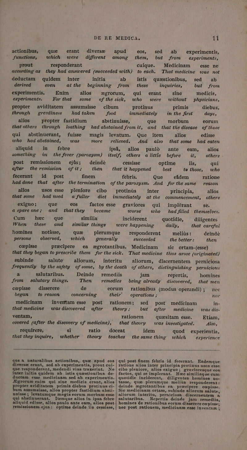 actionibus, que erant diverse apud eos, sed ab experimentis, functions, which were different among them, but from experiments, prout responderant cuique. Medicinam esse ne according as they had answered (succeeded with) to each. That medicine was not deductam quidem inter initia ab istis questionibus, sed ab derived even atthe beginning from these inquiries, but from experimentis. Enim alios zgrorum, qui erant sine medicis, experiments. For that some _ of the sick, who were without physicians, propter aviditatem assumsisse cibum protinus primis diebus, through gresdiness had taken Sood immediately in the first days, alios propter fastidium abstinuisse, que morbum eorum that others through loathing had abstained fromit, and that the disease of those qui abstinuerant, fuisse magis levatum. Que item alios edisse who had abstained, was more relieved. And also that some had eaten aliquid in febre ipsa, alios pauld ante eam, alios something in the fever (paroxysm) itself, others alittle before <0 others - post remissionem ejis; deindé cessisse optime iis, qui after the remission of it; then that it happened best te those, who fecerant id post finem febris. Que eadem ratione had done that after thetermination of the parozysm. And forthe same reason alios usos esse pleniore cibo protinus inter principia, alios that some —_ had tsed a fuller diet immediately atthe commencement, others exiguo; que eos factos esse graviores qui implérant se. a spareone; and that they became worse who had filled themselves. Cum heec que similia inciderent quotidie, diligentes When these and similar things were happening daily, that careful homines notasse, que plerumque _responderent melits: deinde persons observed, which generally succeeded the better: then ceepisse precipere ea egrotantibus. Medicinam sic ortam-(esse) that they began to prescribe them for the sick. That medicine thus arose (originated) subinde salute aliorum, interitu aliorum, discernentem perniciosa Frequently by the safety of some, bythe death of others, distinguishing pernicious a salutaribus. Deinde remediis jam repertis, homines from salutary things. Then remedies being already discovered, that men coepisse disserere de eorum rationibus (modus operandi); nec began to reason concerning their’ operations ; nor medicinam inverftamesse post rationem; sed post medicinam in- that medicine wasdiscovered after theory ; but after medicine was dis- ventam, rationem quesitam esse. Etiam, covered (after the discovery of medicine), that theory was investigated. Also, requirere, si ratio doceat idem quod experientia, that they inquire, whether theory teaches the same thing which experience que a naturalibus actionibus, que apud eos | qui post finem febris id fecerant. Eademque diverse erant, sed ab experimentis, prout cui- | ratione alios inter principia protinus usos esse que responderant, medendi vias traxerint. Ne| cibo pleniore, alios exigno; gravioresque eos inter initia quidem ab istis questionibus de- | factos, qui se implerant. Hee similiaque cum ductam esse medicinam sed ab experimentis. | quotidie inciderent, diligentes homines no- Zgrorum enim qui sine medicis erant, alios| tasse, que plerumque melits responderent: ropter aviditatem primis diebus protinus:ci- | deinde xgrotantibus ea precipere cepisse. um assumsisse, alios propter fastidium absti- | Sic medicinam ortam, subinde aliorum salute, nuisse ; levatumque magis eorum morbum esse | aliorum interitu, perniciosa discernentem a qui abstinuerant. Itemque alios in ipsa febre| salutaribus. Repertis deinde jam remediis, aliquid edisse, alios paulo ante eam, alios post.| homines de rationibus eorum disserere coepisses remissionem ejus: optime deinde ijs cessisse, | nec post rationem, medicinam esse inventam 5;