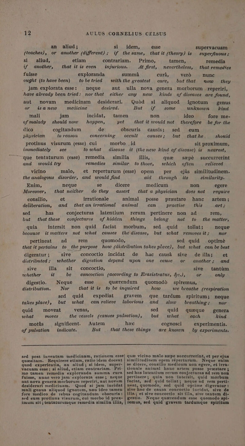 an aliud; si idem, esse supervacuam (teaches), or another (different); if the same, that it (theory) is superfluous; si_ aliud, etiam contrariam. Primo, tamen, remedia if another, that itis even injurious. At first, nevertheless, that remedies fuisse exploranda summa cura, vero nunc ought (tohave been) tobetried withthe greatest care, but that now they _ jam explorata esse: neque aut ulla nova genera morborum _reperiri, have already been tried: nor that either any new kinds of diseases are found, aut novam medicinam desiderarii Quod si aliquod ignotum — genus or tisanew medicine desired. But if some unknown kind mali jam incidat, tamen non ideo fore me- of malady should now happen, yet that tt would not therefore be for the dico cogitandum de obscuris causis; sed eum physician ‘to reason concerning occult causes; but that he should protinus visurum (esse) cui morbo | id sit proximum, immediately see to what disease it (thenew kind of disease) is nearest, que tentaturum (esse) remedia similia _illis, quz sepé succurrerint and would try remedies similar tothose, which often relieved vicino malo, et reperturum (esse) opem per ejis similitudinem. the analogous disorder, and would find aid through its similarity. Enim, neque se dicere medicum non egere Moreover, that neither do they assert that a physician dogs not require consilio, et irrationale animal posse prestare hanc artem; deliberation, and that an irrational animal can practise this art ; sed has conjecturas latentium rerum pertinere non ad rem, but that these conjectures of hidden things belong not to the matter, quia intersit non quid faciat morbum, sed quid tollat; neque because it matters not what causes the disease, but what removes it; nor pertineat ad rem quomodo, sed quid optimé that it pertains to the purpose how (distribution takes place), but what can be best digeratur ; sive concoctio incidat de hac causa sive de illa; et distributed ; whether digestion depend upon one cause or another; and sive illa sit _concoctio, sive tantum whether it be concoction (according to Erasistratus, &c.), ov only digestio, Neque esse querendum quomodd_ spiremus, distribution. Nor that it is to be inquired how we breathe (respiration sed quid expediat gravem que tardum spiritum; neque takes place), but what canrelieve laborious and slow breathing; nor quid moveat venas, sed quid queque genera what moves the vessels (causes pulsation), but what each kind motis significent. Autem hee cognosci experimentis. of pulsation indicate. But that these things are known by experiments. sed post inventam medicinam, rationem esse| quz vicino malo sepe succurrerint, et per ejus queesitam. Reqnirere etiam, ratio idem doceat | similitudinem opem réperturum. Neque enim quod experientia, an aliud; si idem, super- | se dicere, consilio medicum non egere, et irra- vacuam esse; si aliud, etiam contrariam. Pri-|tionale animal hance artem posse prestare ; mo tamen remedia exploranda summa cura | sed has latentium rerum conjecturas ad rem non fuisse, nunc vero jam explorata esse; neque | pertinere 5 quia non intersit, quid morbum aut nova genera morborum reperiri, aut novam | faciat, sed quid tollat ; neque ad rem perti- desiderari medicinam. Quod si jam incidat | neat, quomodo, sed quid optime digeratur : mali genus aliquod ignotum, non ideo tamen | sive hac de causa concoctio incidat, sive de fore medico de rebus cogitandum obscuris: | illa; et sive concoctio sit illa, sive tantum di- sed eum protinus visurum, cui morbo id prox- | gestio. Neque querendum esse quomodo spi- imum sit ; tentaturumaue remedia similia illis, | remus, sed quid gravem tardumque spiritum