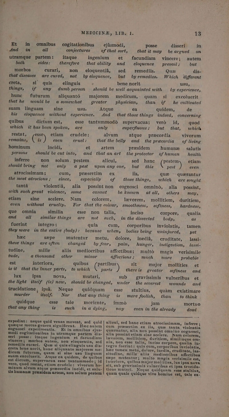 Et in omnibus cogitationibus — ejismodi, posse disseri in And in ail conjectures of that sort, that it may be argued on utramque partem: itaque ingenium et facundiam vincere; autem both sides: therefore that ability and eloquence = prevail; but morbos curari, non eloquentia, sed remediis. Que dis- that diseases arecured, not by eloquence, but by remedies. Which different creta, si’ quis elinguis . bene norit usu, things, if any dumbyperson should be well acquainted with by experience, hunc futurum aliquant6é majorem medicum,- quam si excoluerit that he wouldbe a somewhat greater physician, than if he cultivated suam linguam sine usu. Atque ea quidem, de his eloquence without experience. And that those things indeed, concerning quibus dictum est, esse tantummodo supervacua; verd id, quod which it has been spoken, are only superfiuous; but that, which restat, esse, etiam crudele: alvum atque precordia vivorum remains, is even cruel: that the belly and the precordia of living hominum incidi, et artem przsidem humanz _ salutis persons should be cut into, and thatanart the protector of human health inferre non solum_. pestem alicui, sed hanc pestem etiam should bring not only a@ pest uponany one, but this pest even atrocissimam ; cum, presertim ex iis, que querantur the most atrocious; since, especially of those things, which are sought tanta violentia, alia possintnon cognosci omnind, alia possint, with such great violence, some cannot be known ataill, others Mays etiam sine scelere. Nam colorem, levorem, mollitiem, duritiem, even without cruelty. For that the colour, smoothness, softness, hardness, que omnia similia esse) non tava. inciso corpore, qualia and all similar things are not such, in the dissected body, as fuerint integro: quia cum, corporibus inviolatis, tamen they were in the entire (body): because when, bodies being uninjured, yet hec sepe mutentur metu, dolore, inedia, cruditate, __ lassi- these things are often changed by fear, pain, hunger, indigestion, lassi- tudine, mille aliis mediocribus affectibus; multd magis verisimile tude, a thousand other minor affections; much more probable est interiora, : quibus Ree) sit major mollities et is it that the inner parts, to which parts thereis greater softness and lux ipsa nova, mutari, sub gravissimis vulneribus et the light itself (is) new, should be changed, under the severest wounds and trucidatione ; ipsa. Neque quidquam esse stultius, quam existimare murder itself. Nov that any thing is more foolish, than to think quidque esse tale moriente, immo jam mortuo that any thing is such ina dying, nay even in the already dead == eee expediat: neque quid venas moveat, sed quid | alicui, sed hance etiam atrocissimam, inferre ; queque maotus genera significent. Hecautem|cum presertim ex jis, que tanta violentia cognosci experimentis. Et in omnibus ejus- | querantur, alia non possint omnino cognosci, modi cogitationibus in utramque partem dis-| alia possint etiam sine scelere. Nam colorem, seri posse: itaque ingenium et facundiam levorem, mollitiem, duritiem, similiaque om- vincere ; morbos autem, non eloquentia, sed | nia, non esse talia, inciso corpore, qualia in- remediis curari. Quz si quis elinguis usu dis- | tegro fuerint: quia cum, corporibus inviolatis, creta bene norit, hunc aliquanto majorem me- | hee tamen metu, dolore, inedia, cruditate, las- dicum futurum, quam si sine usu linguam | situdine, mille aliis mediocribus affectibus suam excoluerit. Atque ea quidem, de quibus Seepe mutentur; multo magis verisimile est, est dictum, supervacua esse tantummodo; id]} interiora, quibus major mollities, luxipsa nova vero, quod restat, etiam crudele: vivorum ho- sit, sub gravissimis vulneribus et ipsa trucida- minum alvum atque precordia incidi, et salu-| tione mutari, Neque quidquam esse stultius, tis humane presidem artem, non solum pestem! quam quale quidque vivo homiue est, tale ex-